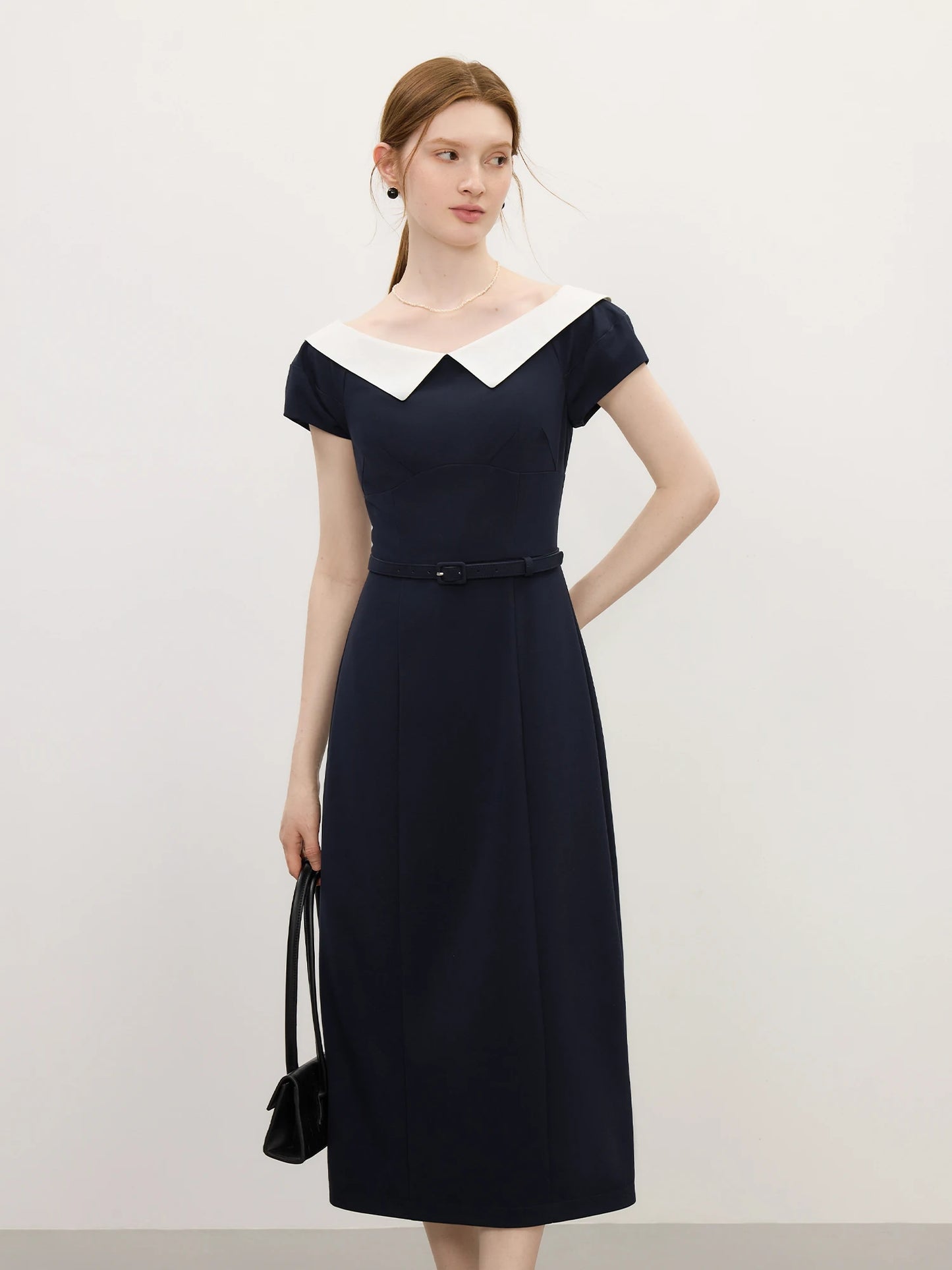 Navy Contrast Collar Midi Dress