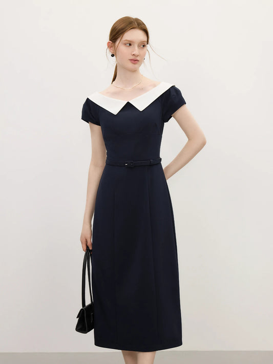 Navy Contrast Collar Midi Dress