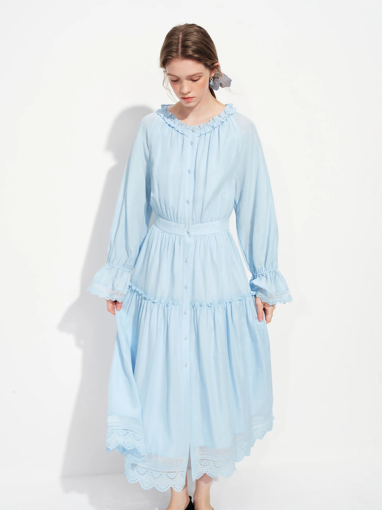 Ivory Lace Trim Long Sleeve Maxi Dress