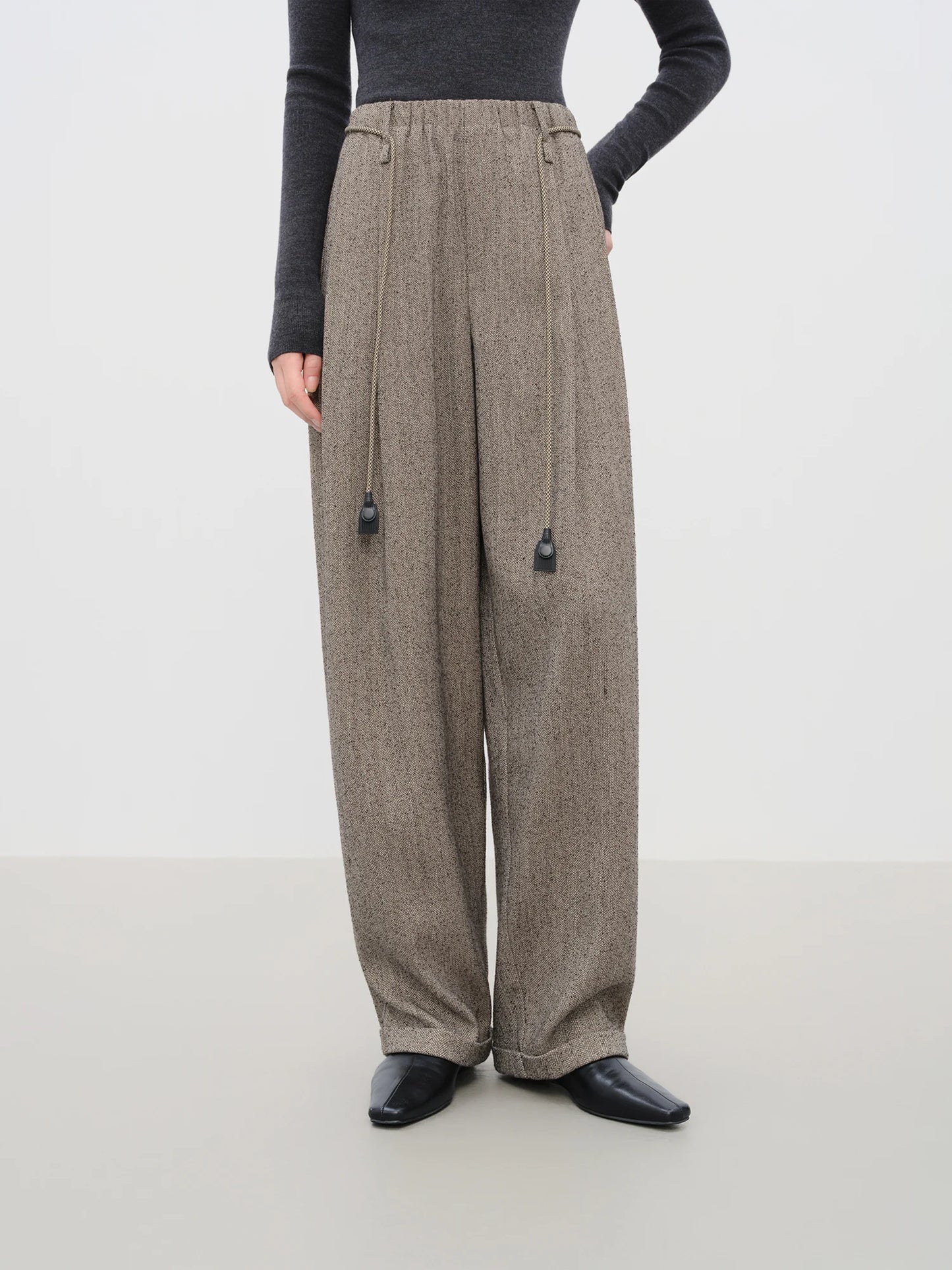 Brown Herringbone Tapered Trousers