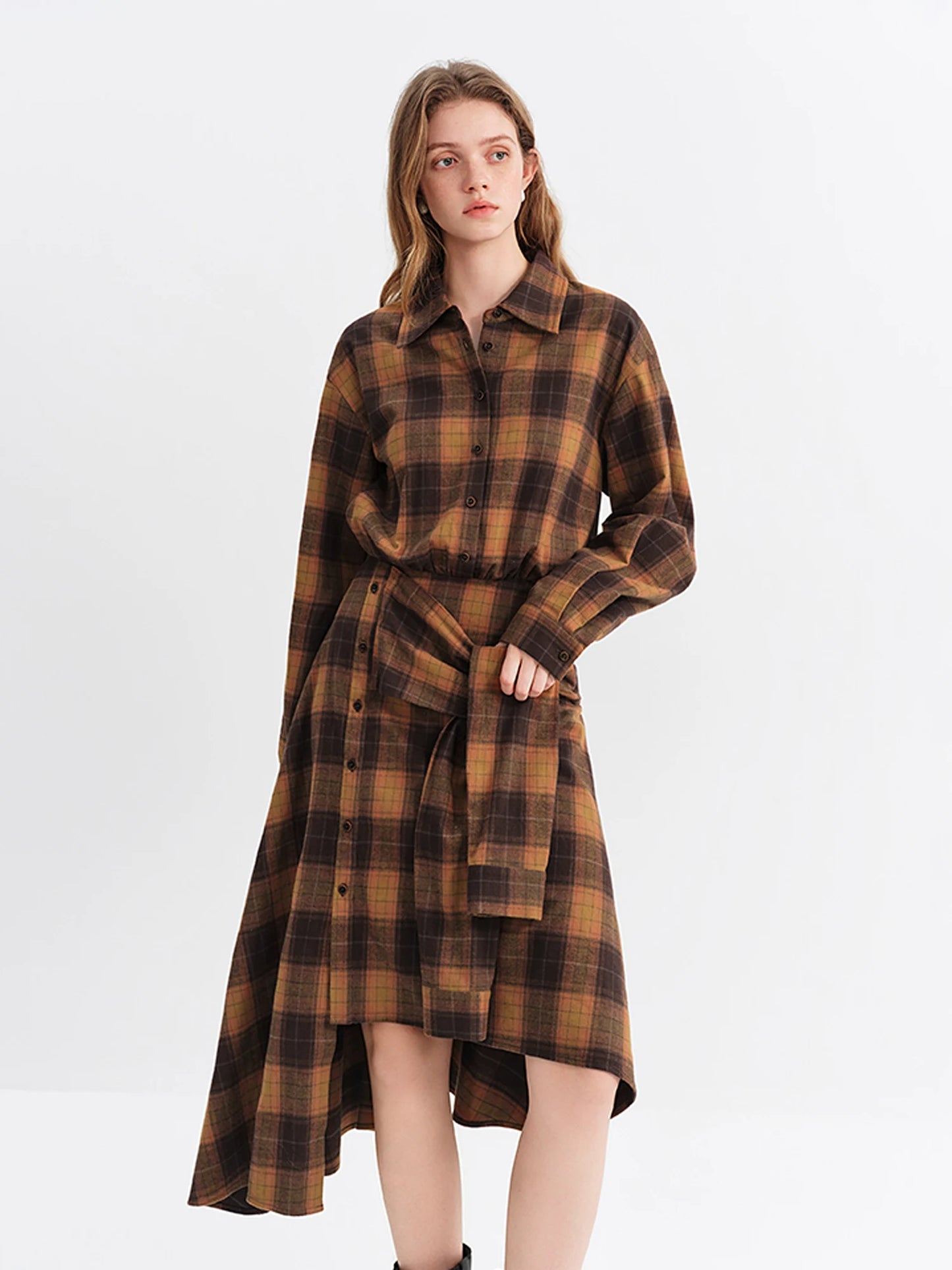Brown Plaid Belted Shirt Maxi Dress