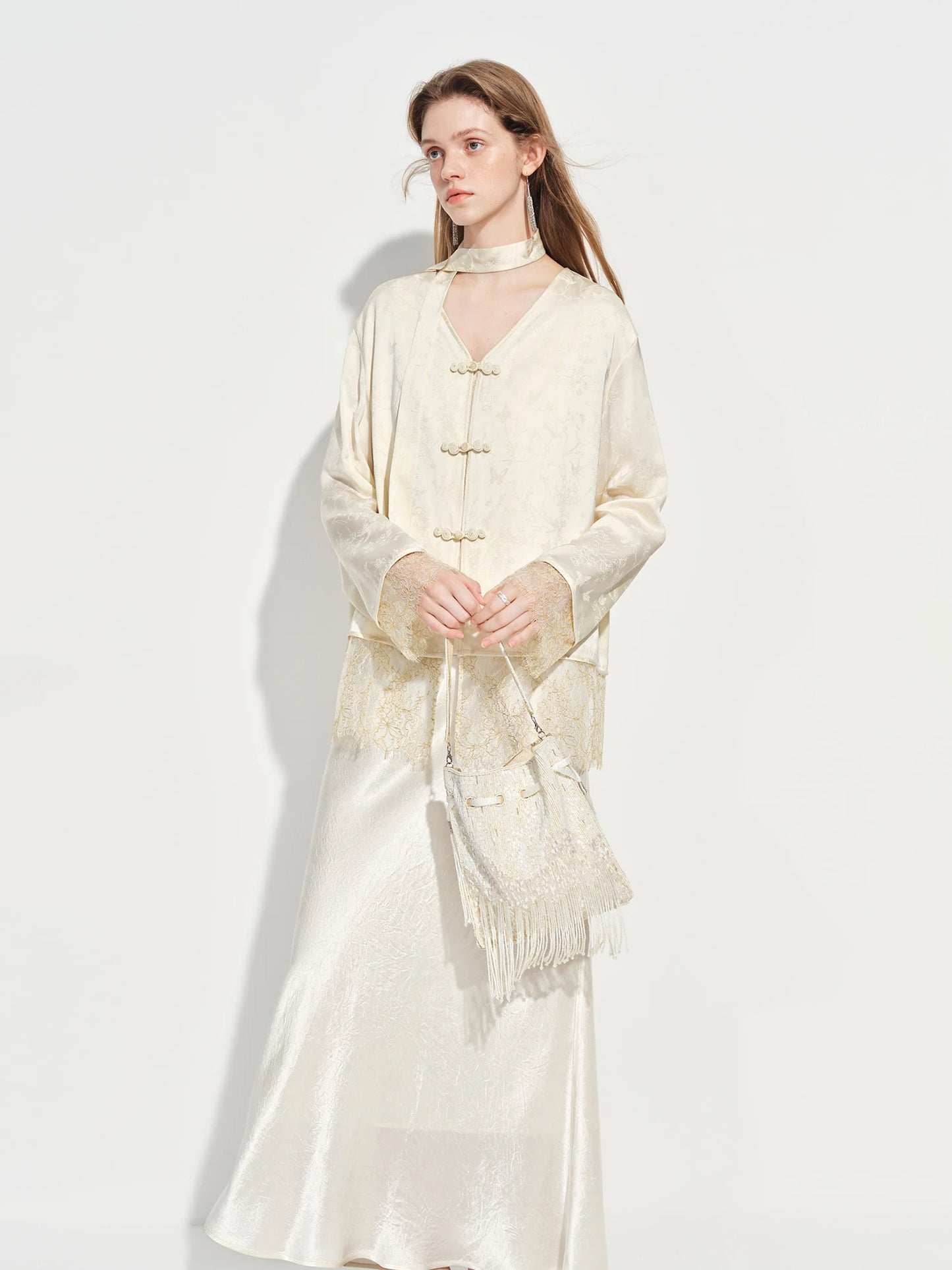 Ivory Jacquard Mandarin Collar Blazer
