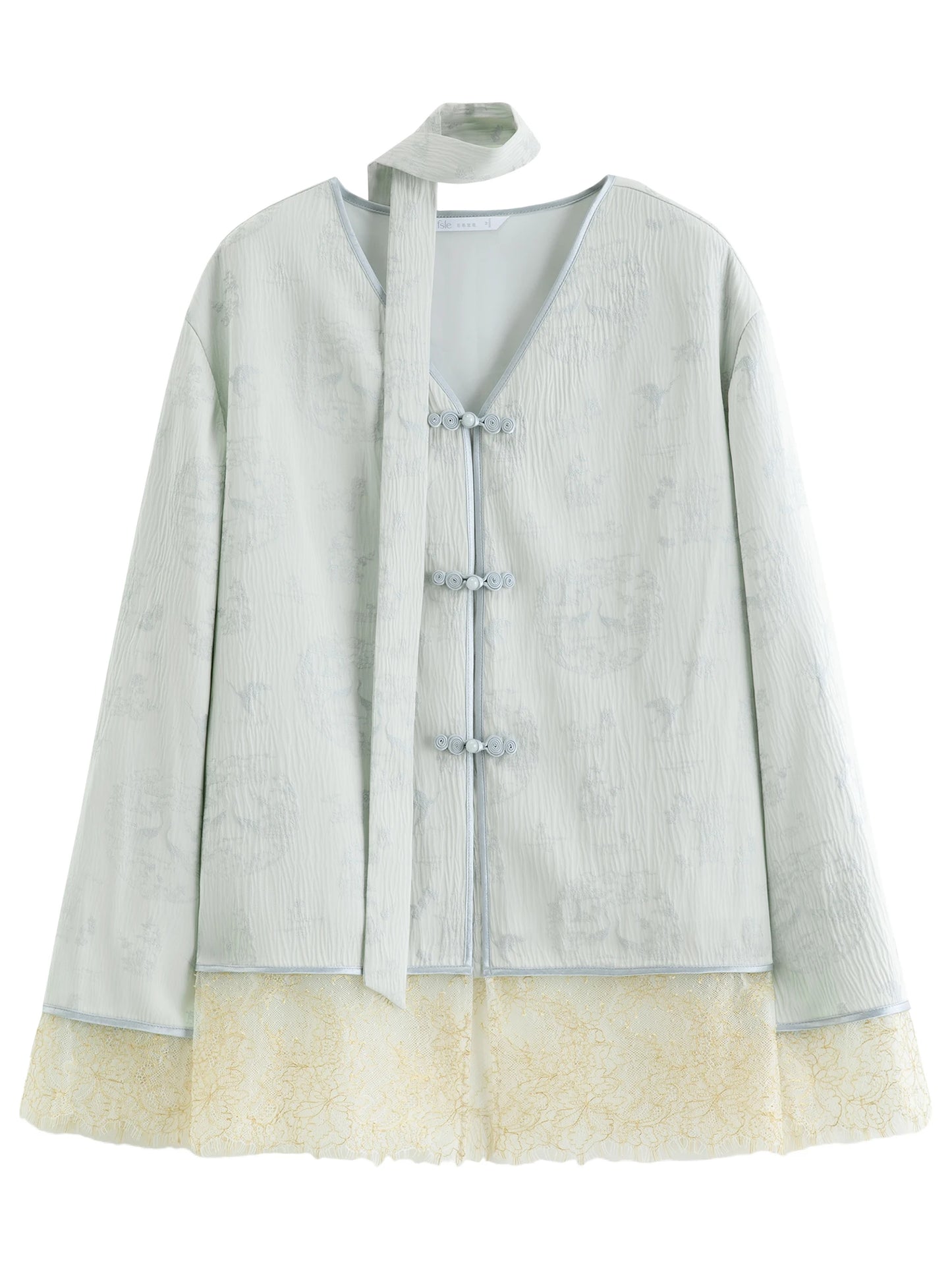 Pale Blue Jacquard Mandarin Collar Blazer