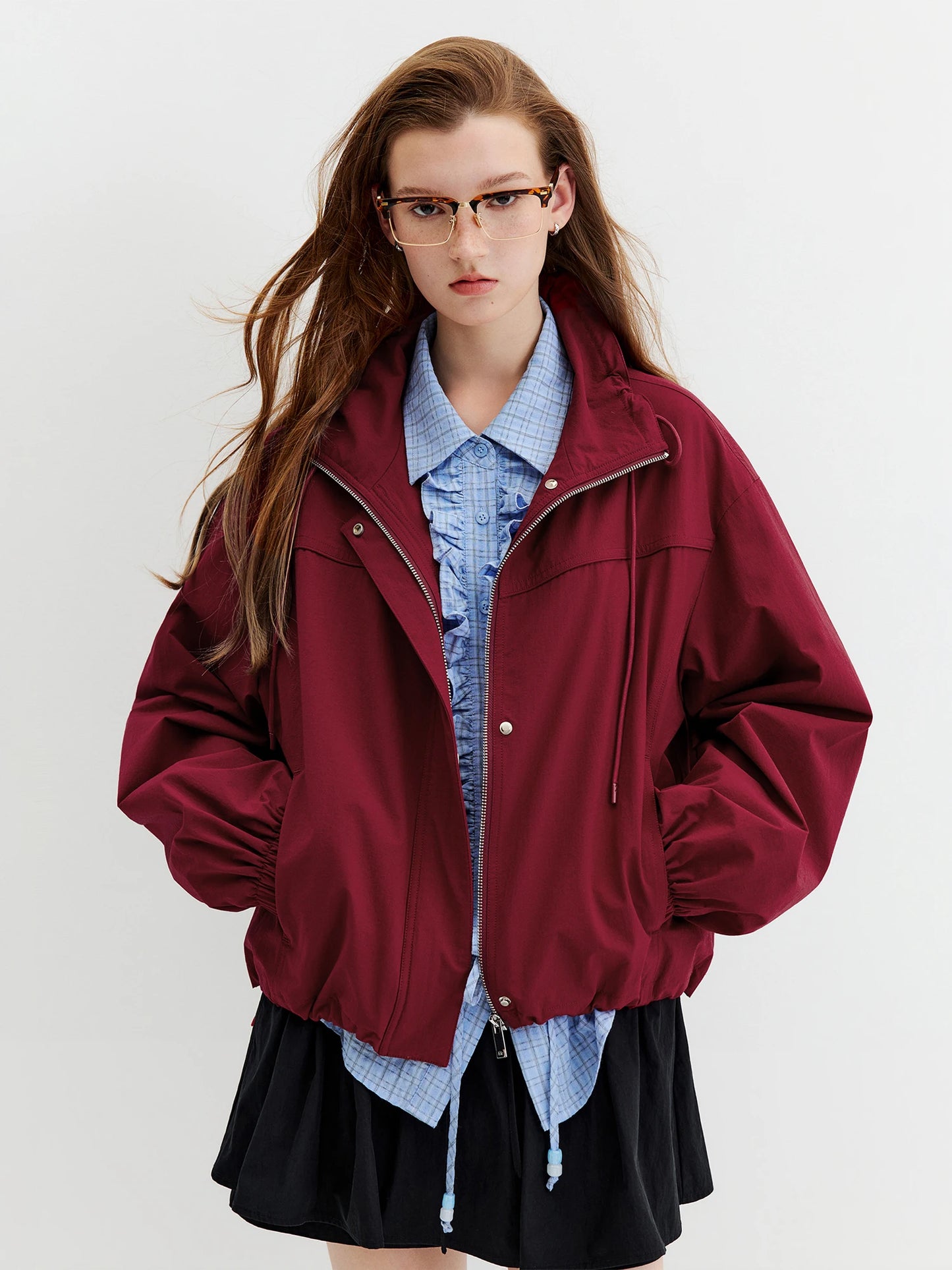 Burgundy Stand Collar Bomber Jacket