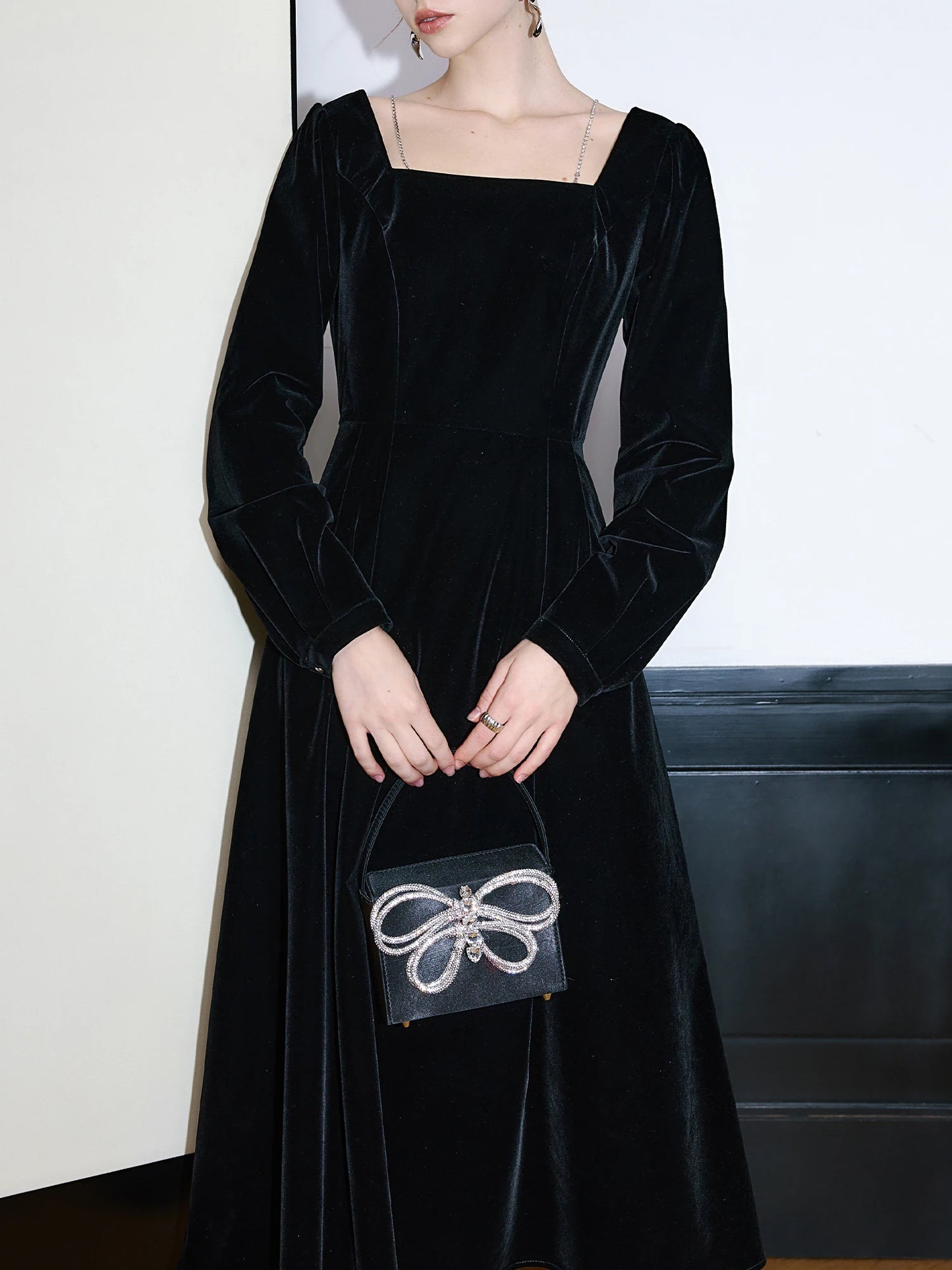 Black Velvet Square Neck Maxi Dress