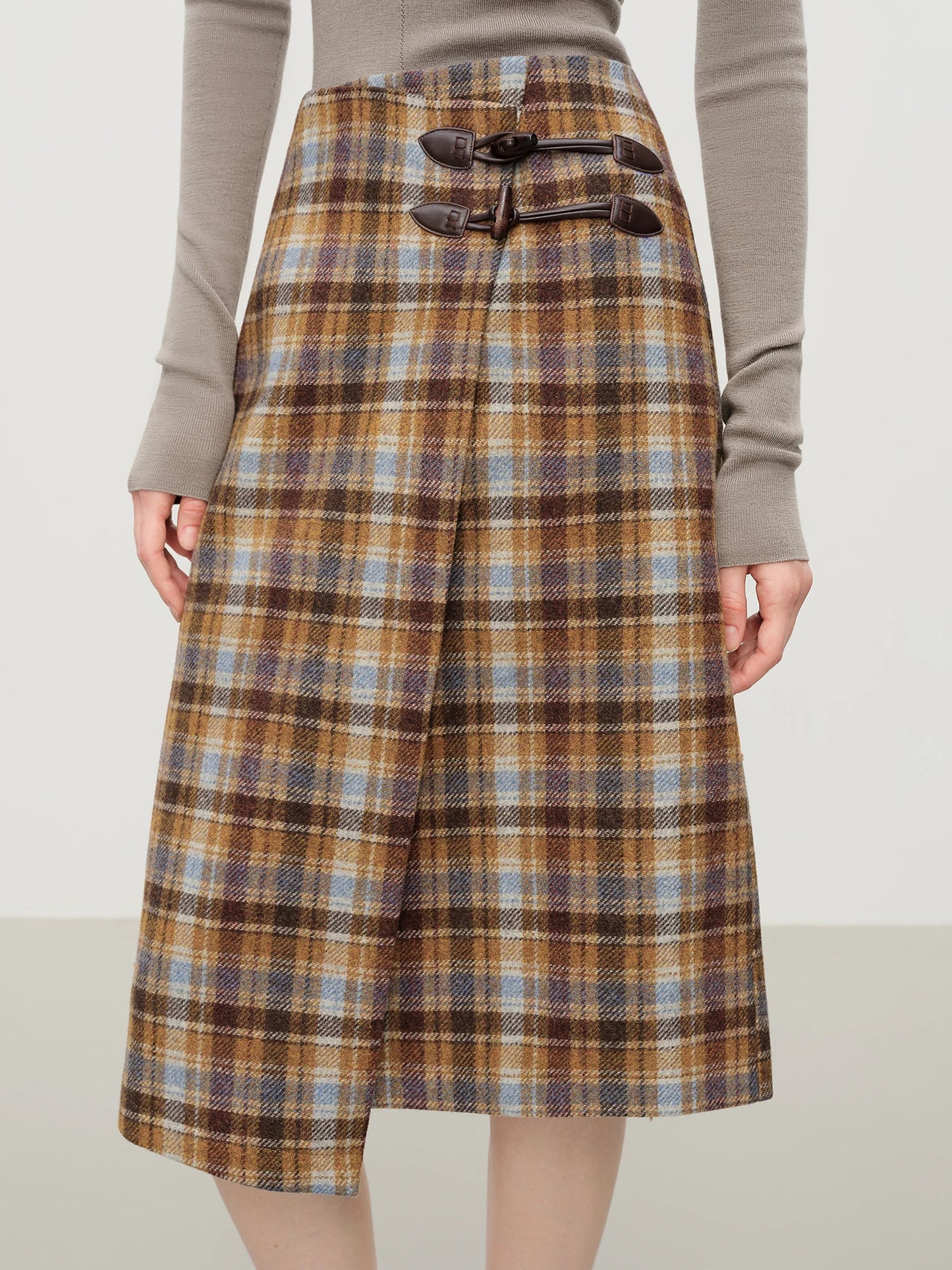 Brown Plaid Buckle Midi Skirt