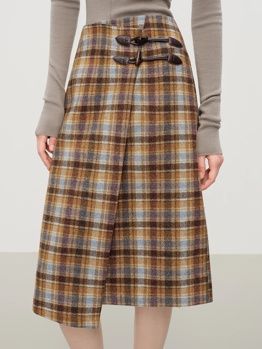 Brown Plaid Buckle Midi Skirt