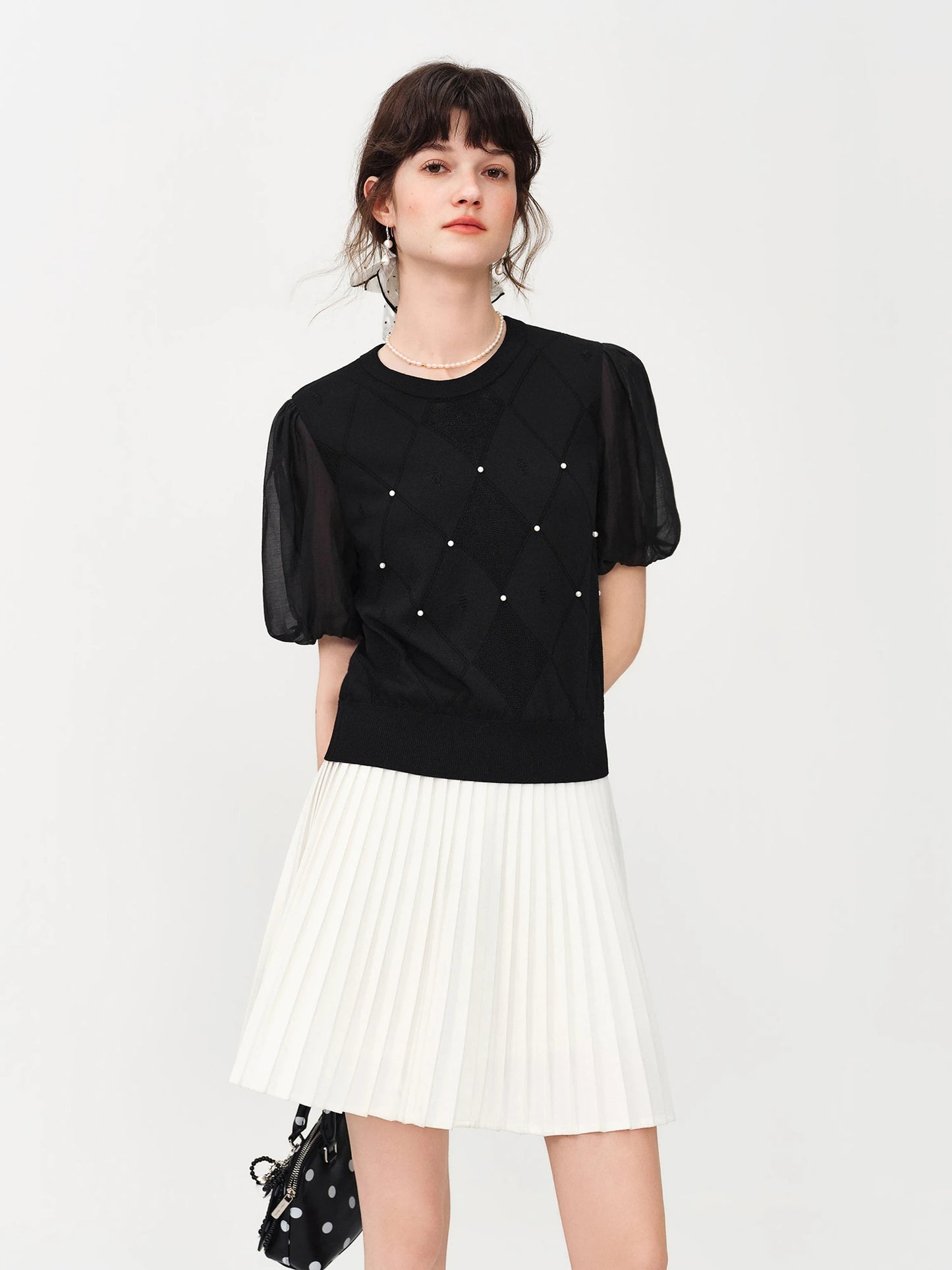 Black Pearl Puff Sleeve Knit Top