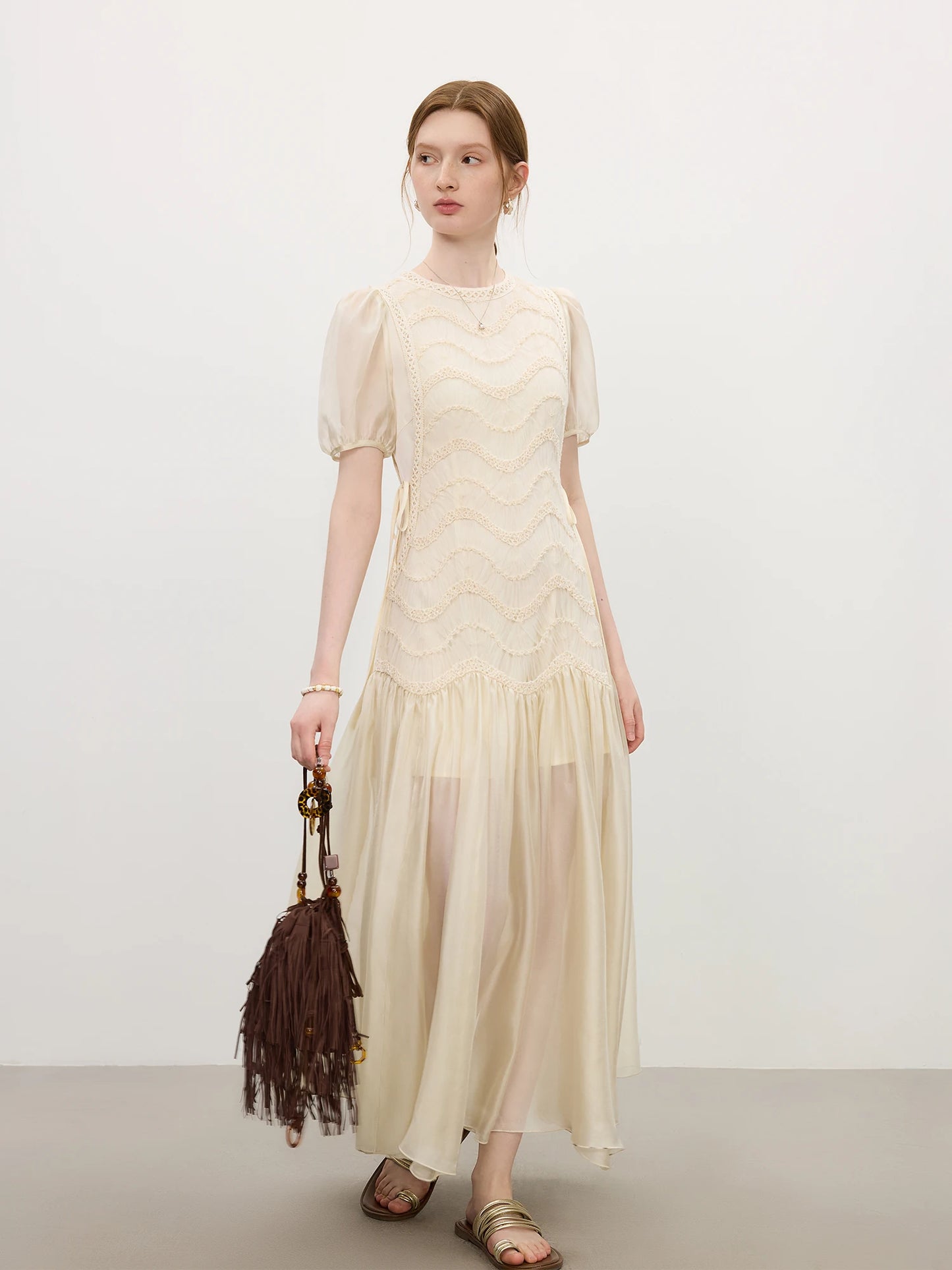 Ivory Embroidered Puff Sleeve Maxi Dress