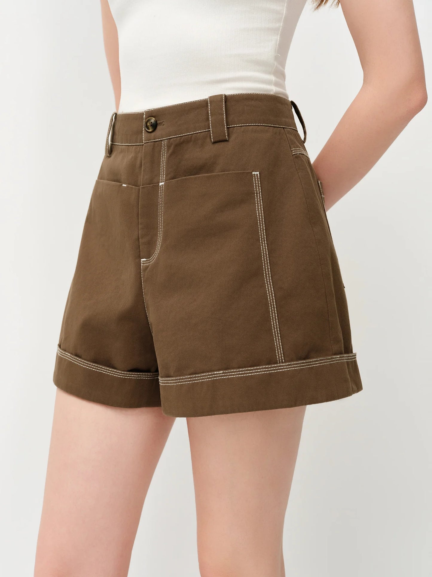 Brown Contrast Stitch Utility Shorts