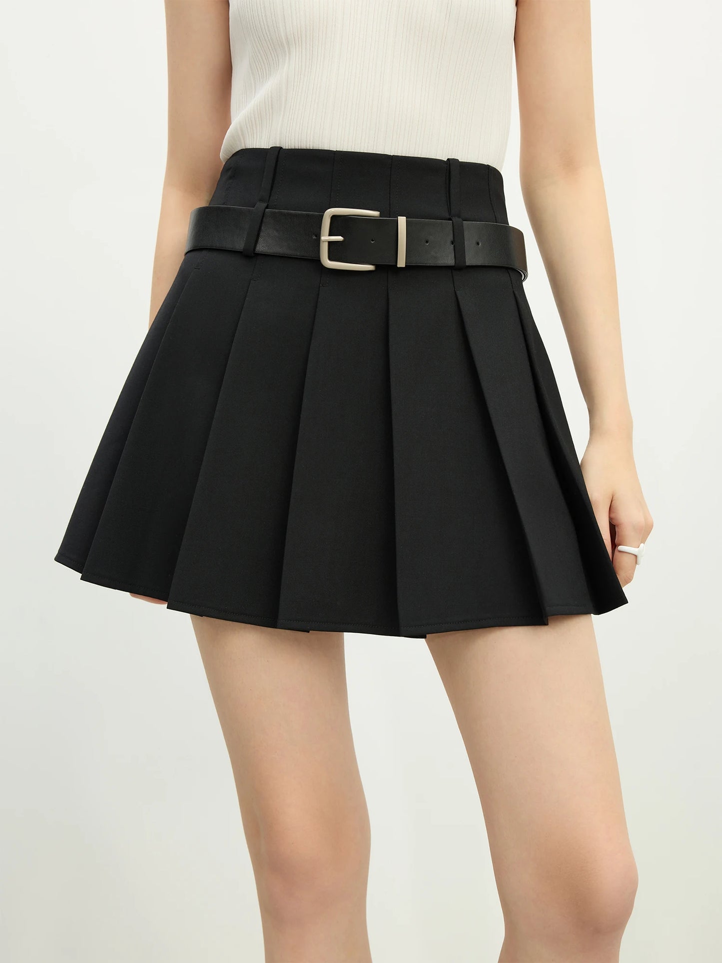 Charcoal Belted Pleated Mini Skirt