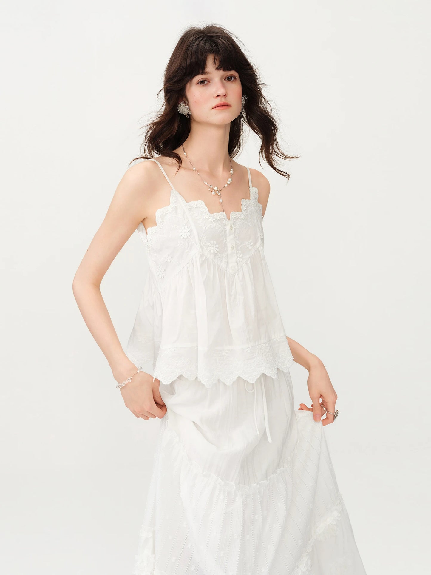 White Embroidered Ruffle Camisole Top