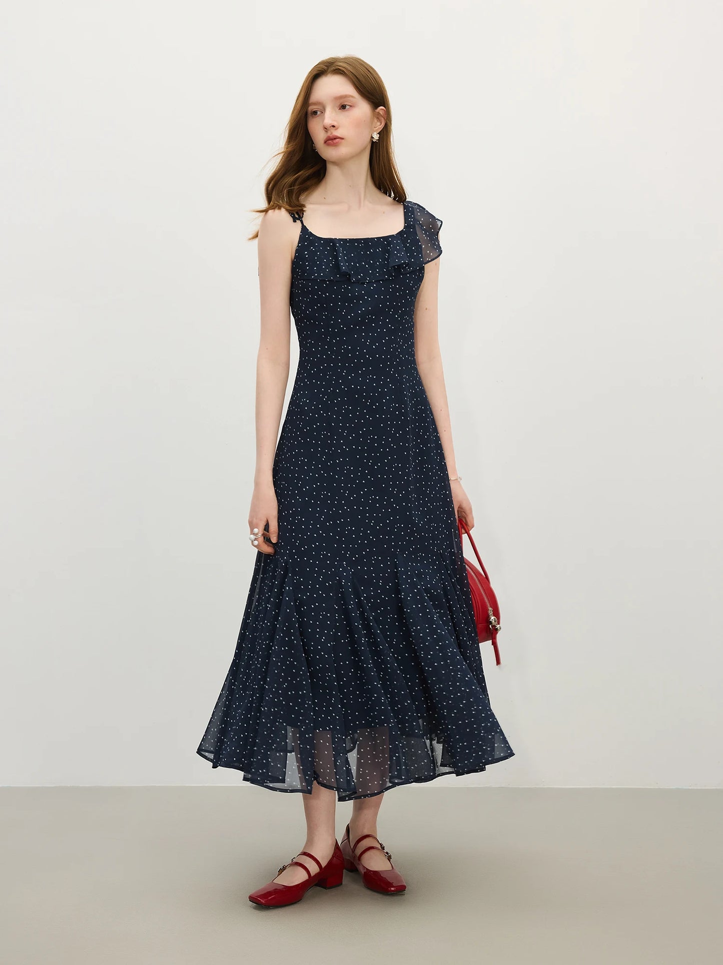 Navy Floral Ruffle Hem Midi Dress