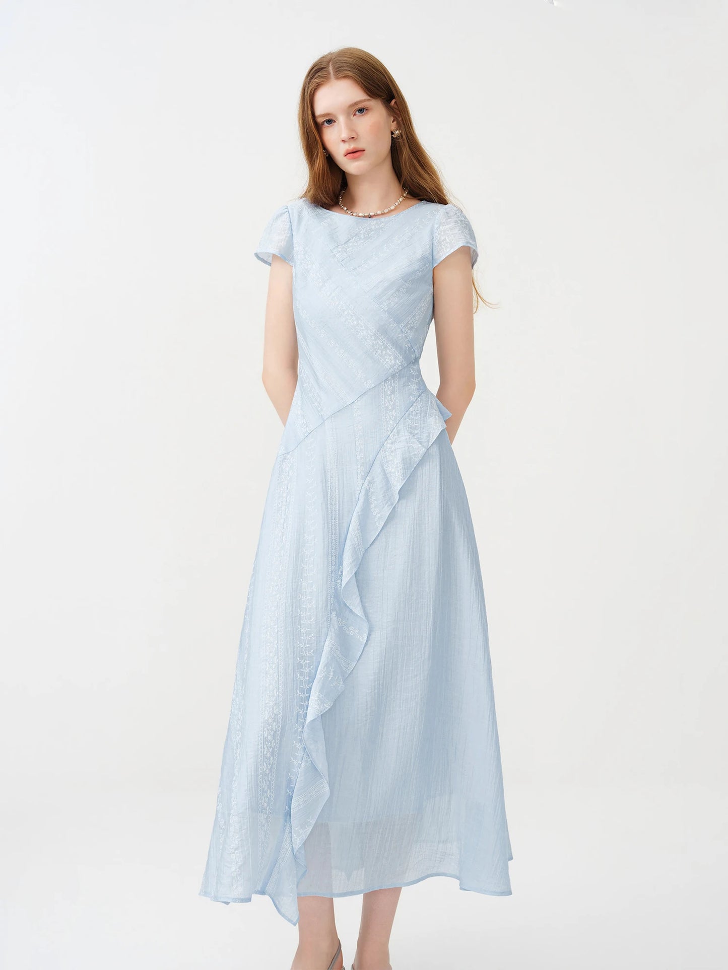 Pale Blue Asymmetric Ruffle Midi Dress