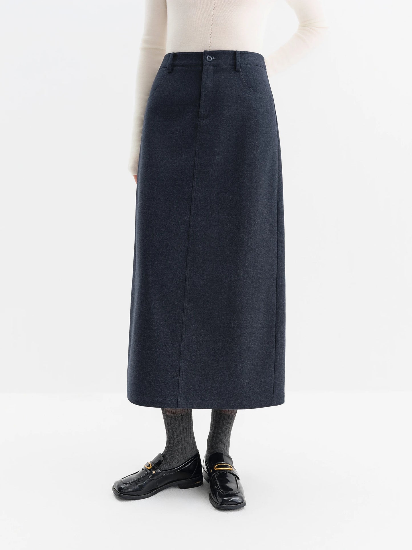 Navy Rivet Denim A-Line Midi Skirt