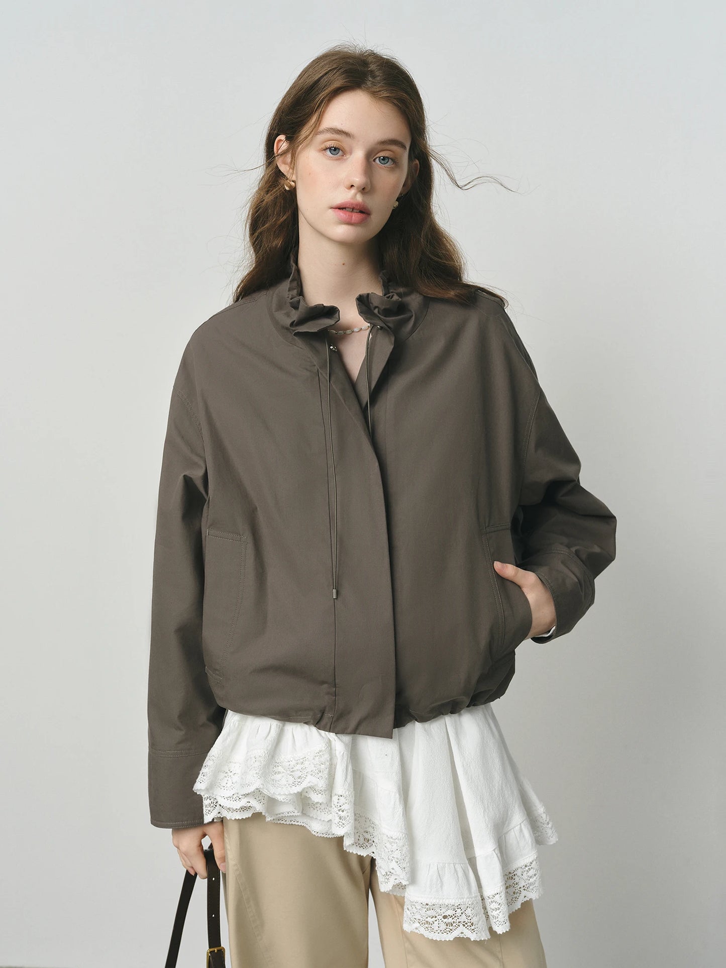 Beige Puff Sleeve Bomber Jacket