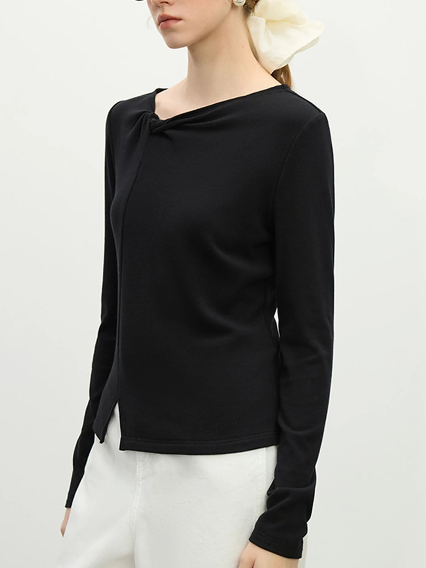 Ivory Asymmetric Neck Long Sleeve Top