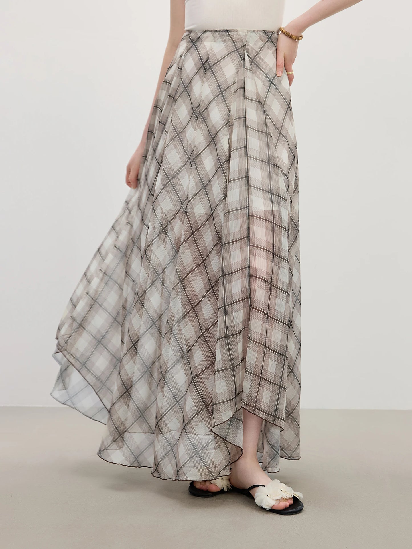 Beige Plaid Bias Cut Maxi Skirt
