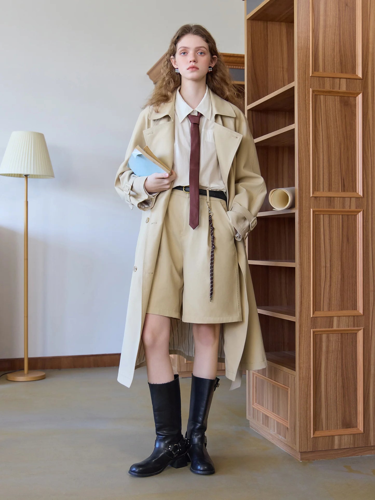 Beige Double Breasted Belted Long Trench