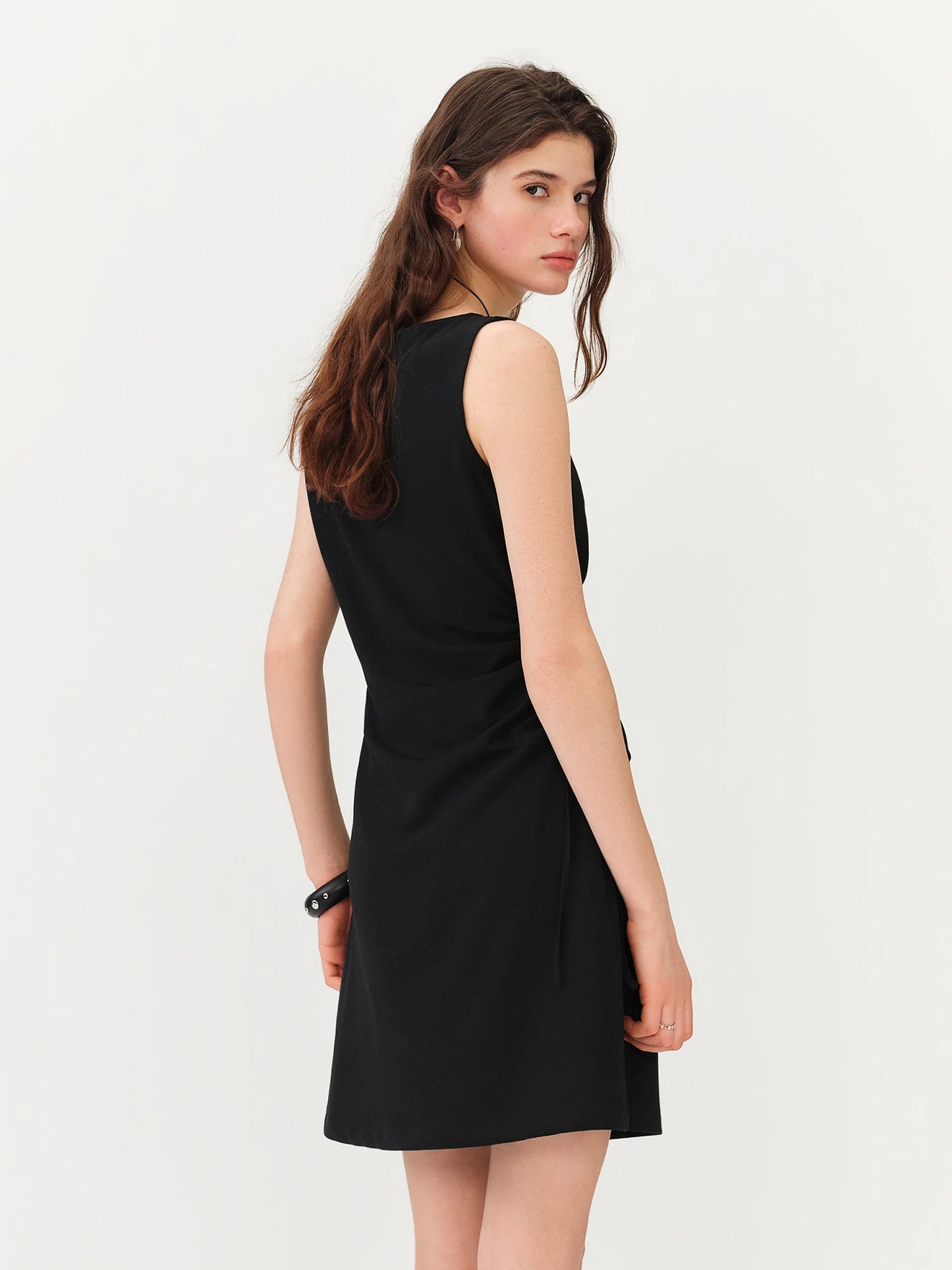 Black Drawstring Sleeveless Mini Dress