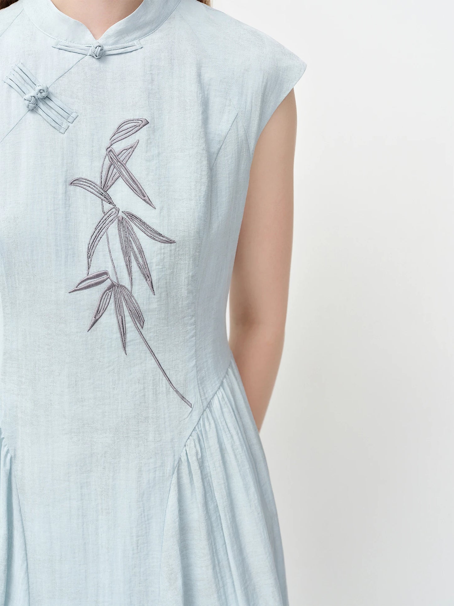 Pale Blue Embroidered Mandarin Collar Maxi Dress