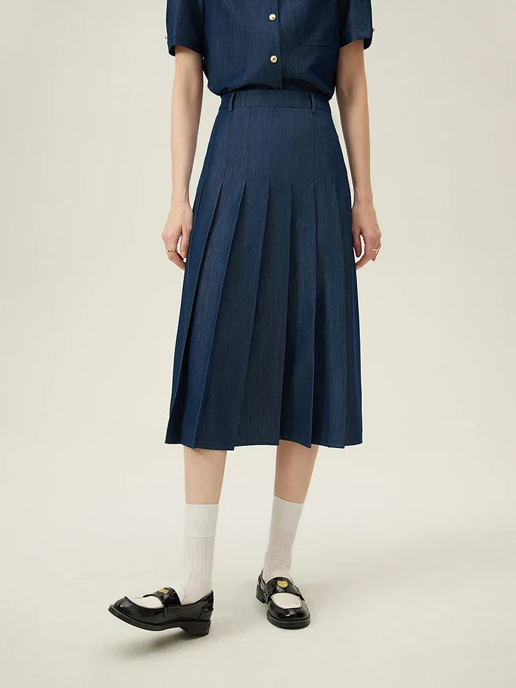 Navy Belted Pleated Midi Skirt