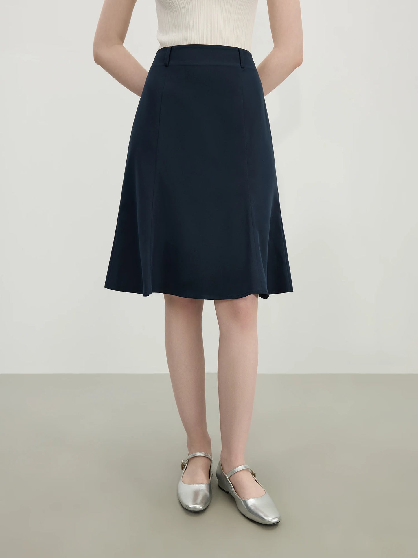 Navy Flared Hem Midi Skirt