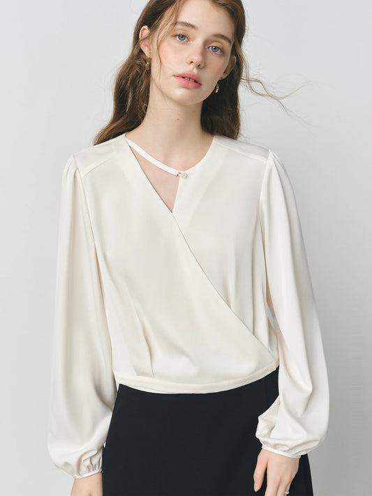 Ivory Wrap Front Satin Blouse