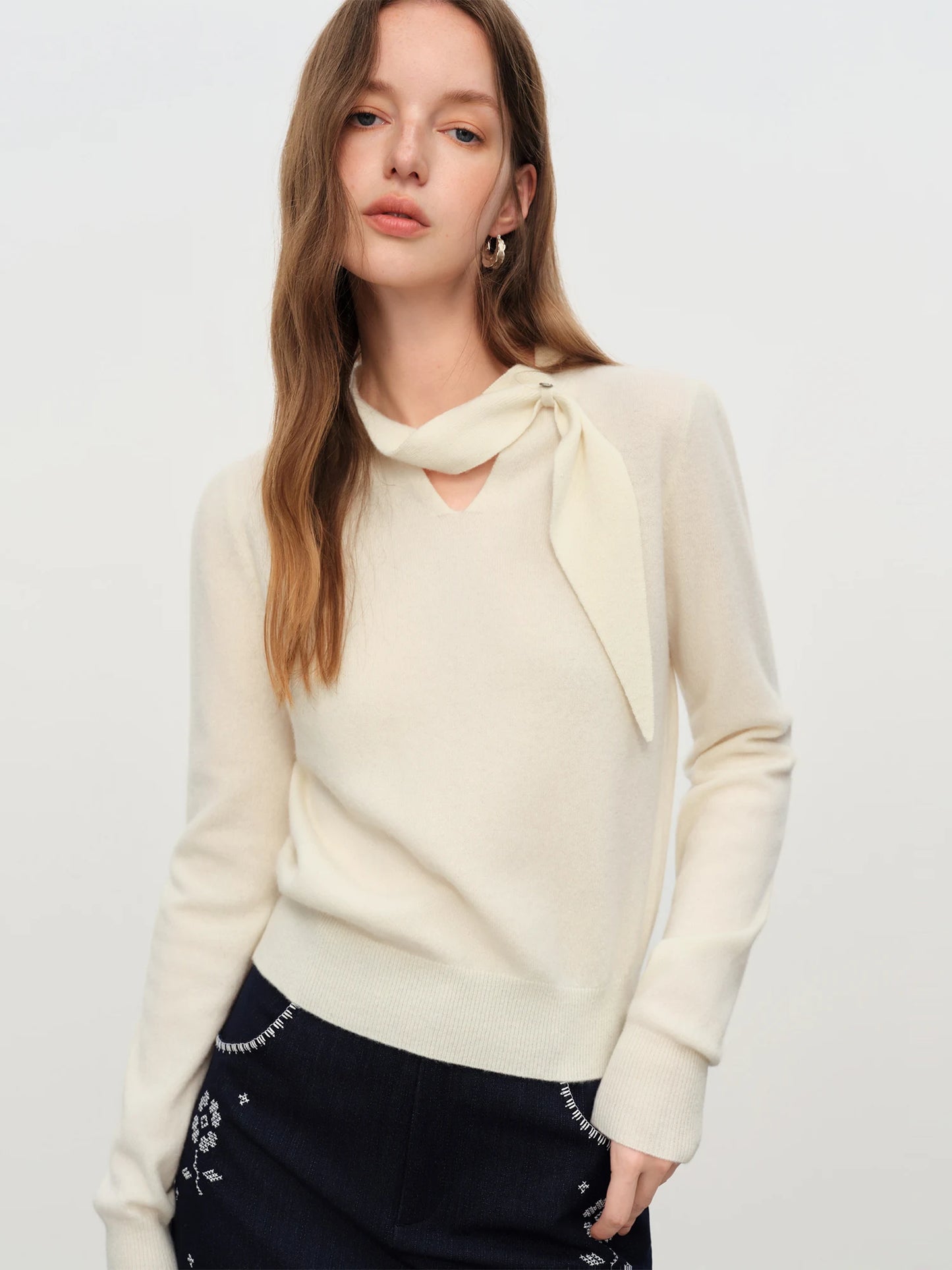 Ivory Bow Neck Knit Sweater