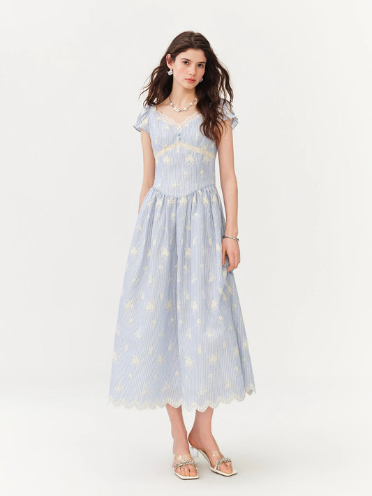 Pale Blue Embroidered A-Line Midi Dress