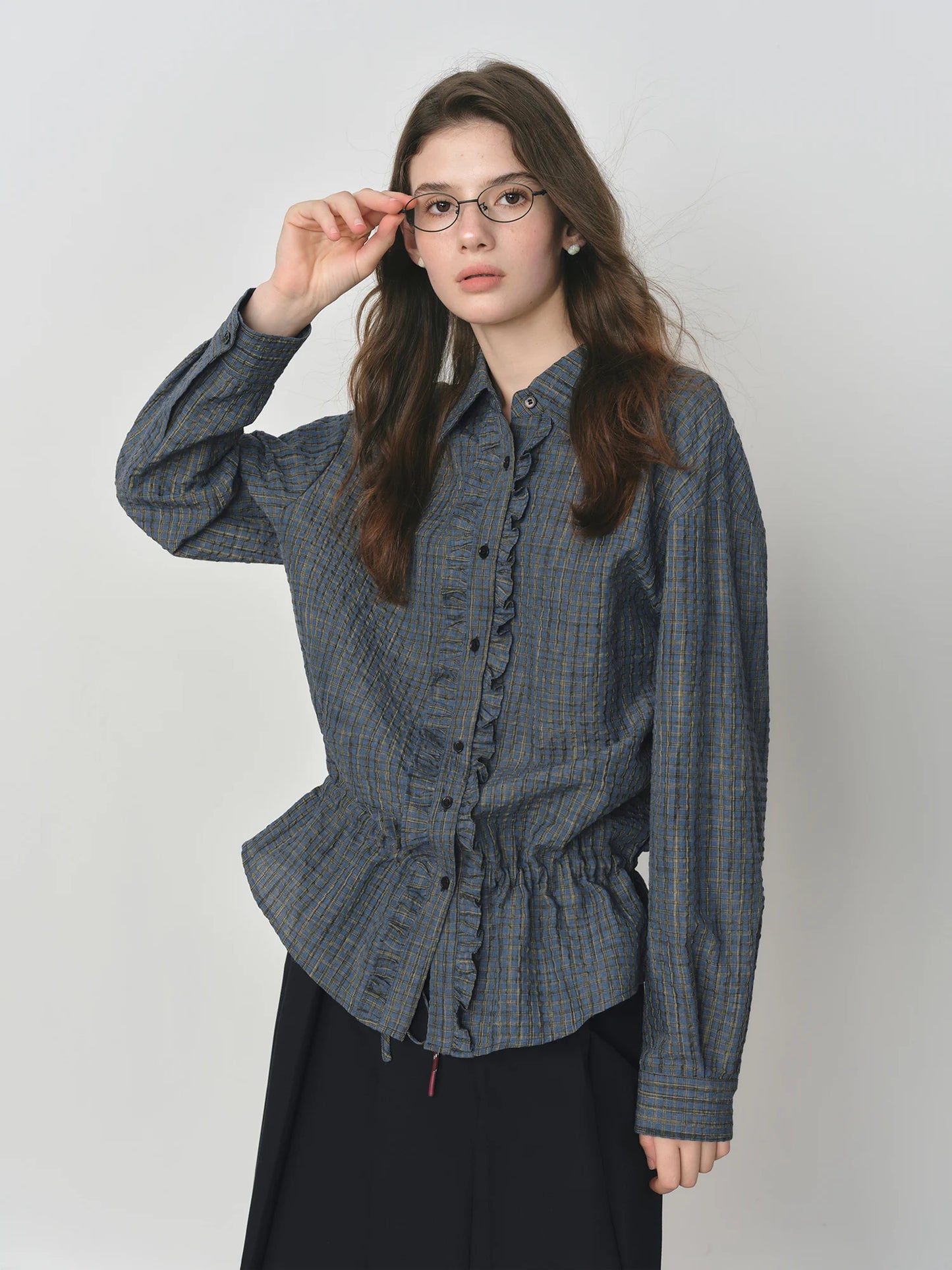 Charcoal Ruffle Front Textured Blouse