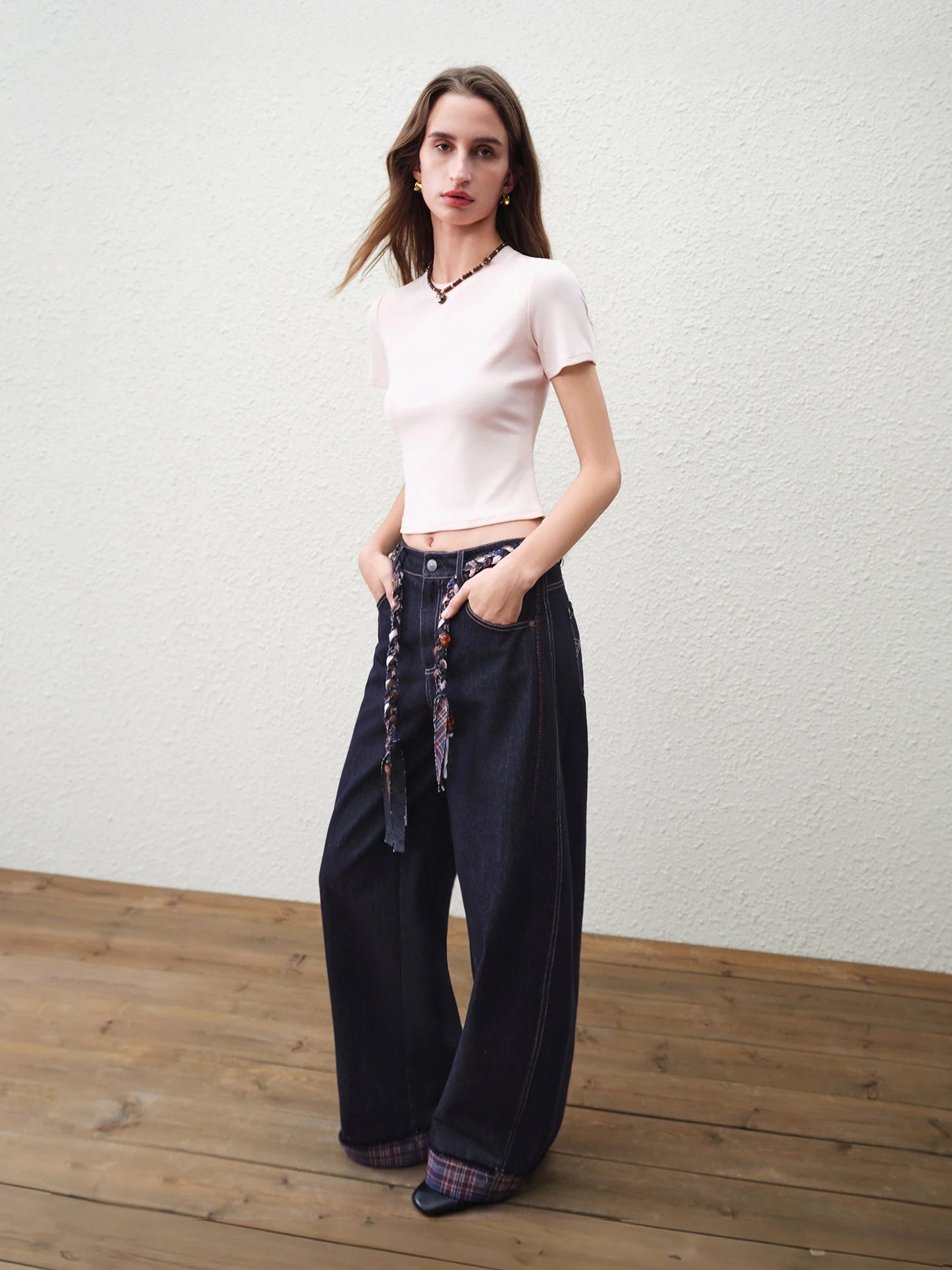 Indigo Plaid Cuff Straight Jeans
