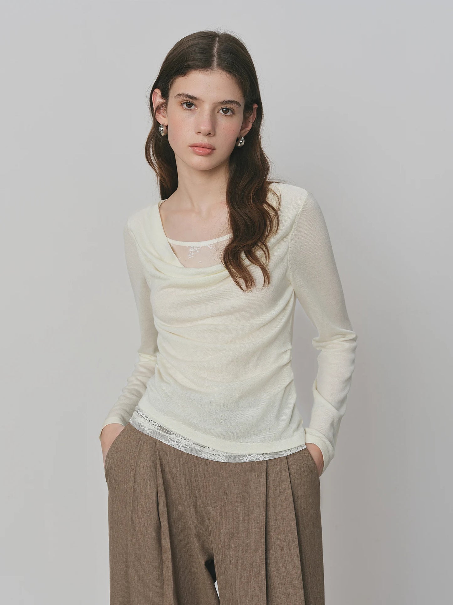 Lilac Draped Collar Knit Top