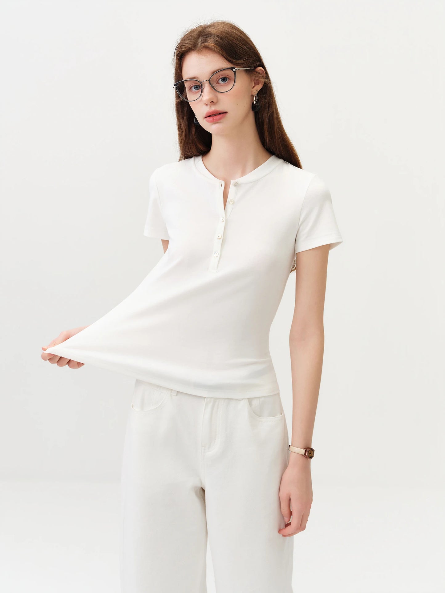 White Button Placket Lyocell Tee