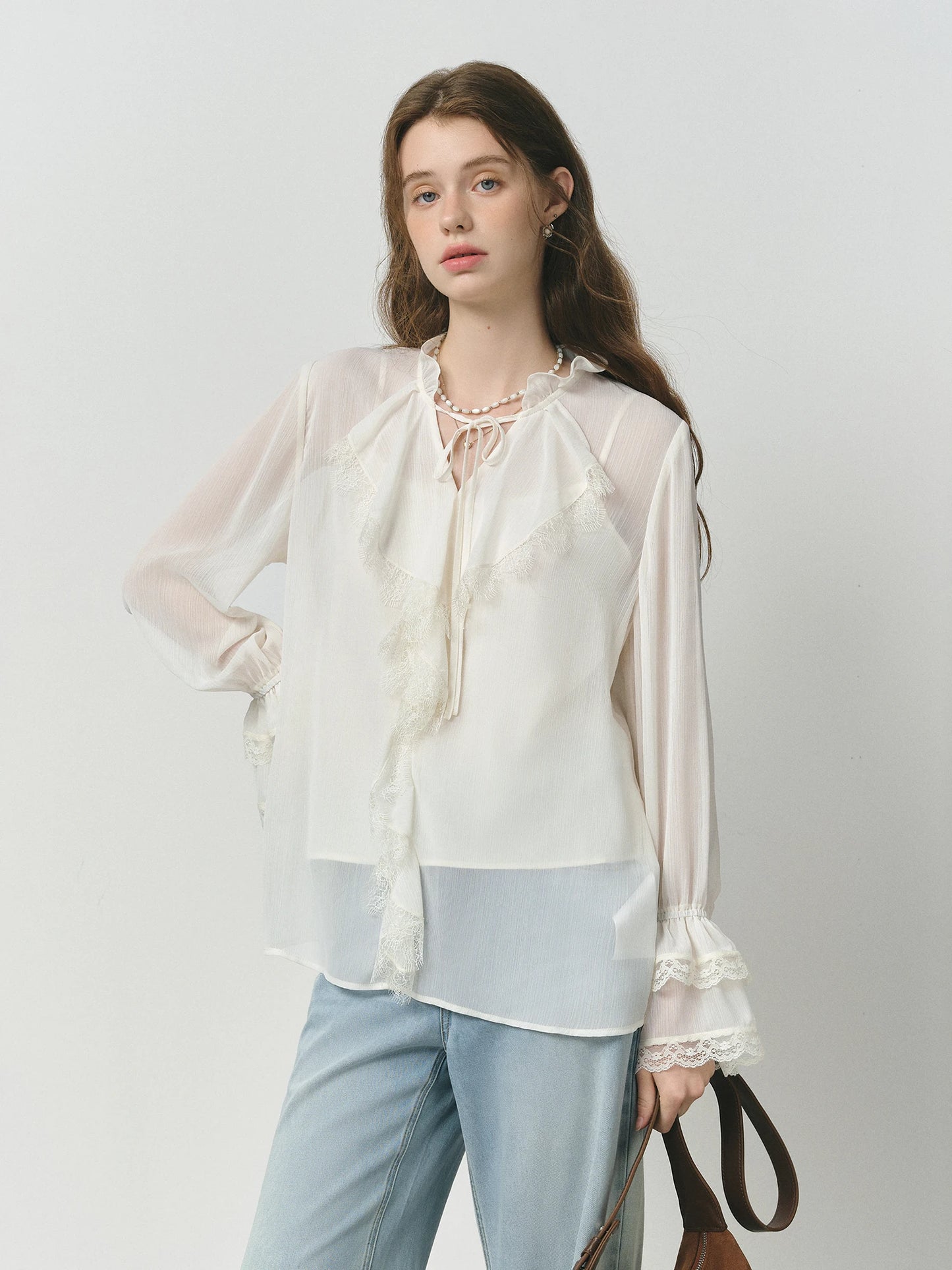 Ivory Bow Neck Lace Cuff Blouse