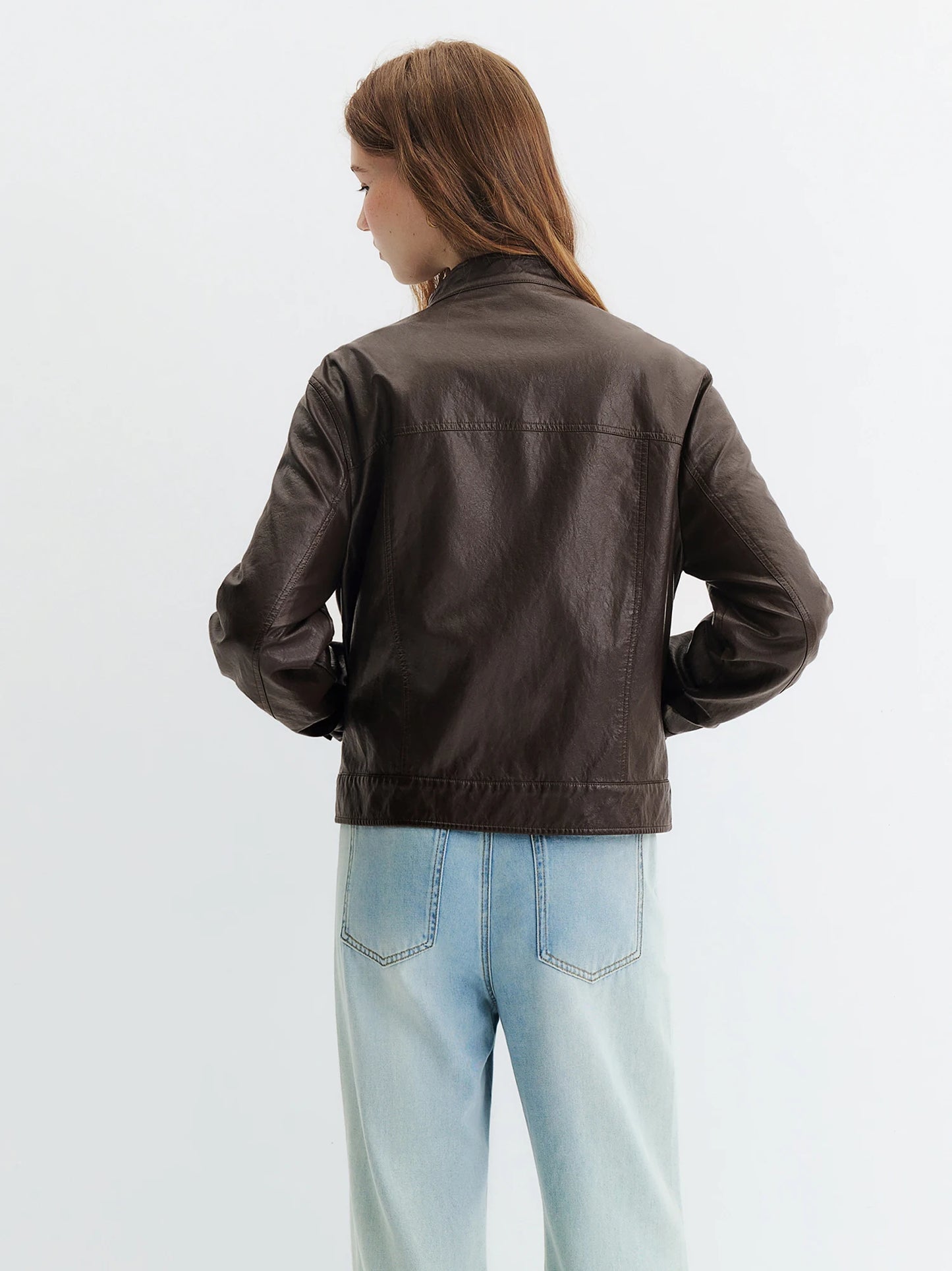 Dark Brown Stand Collar Leather Jacket