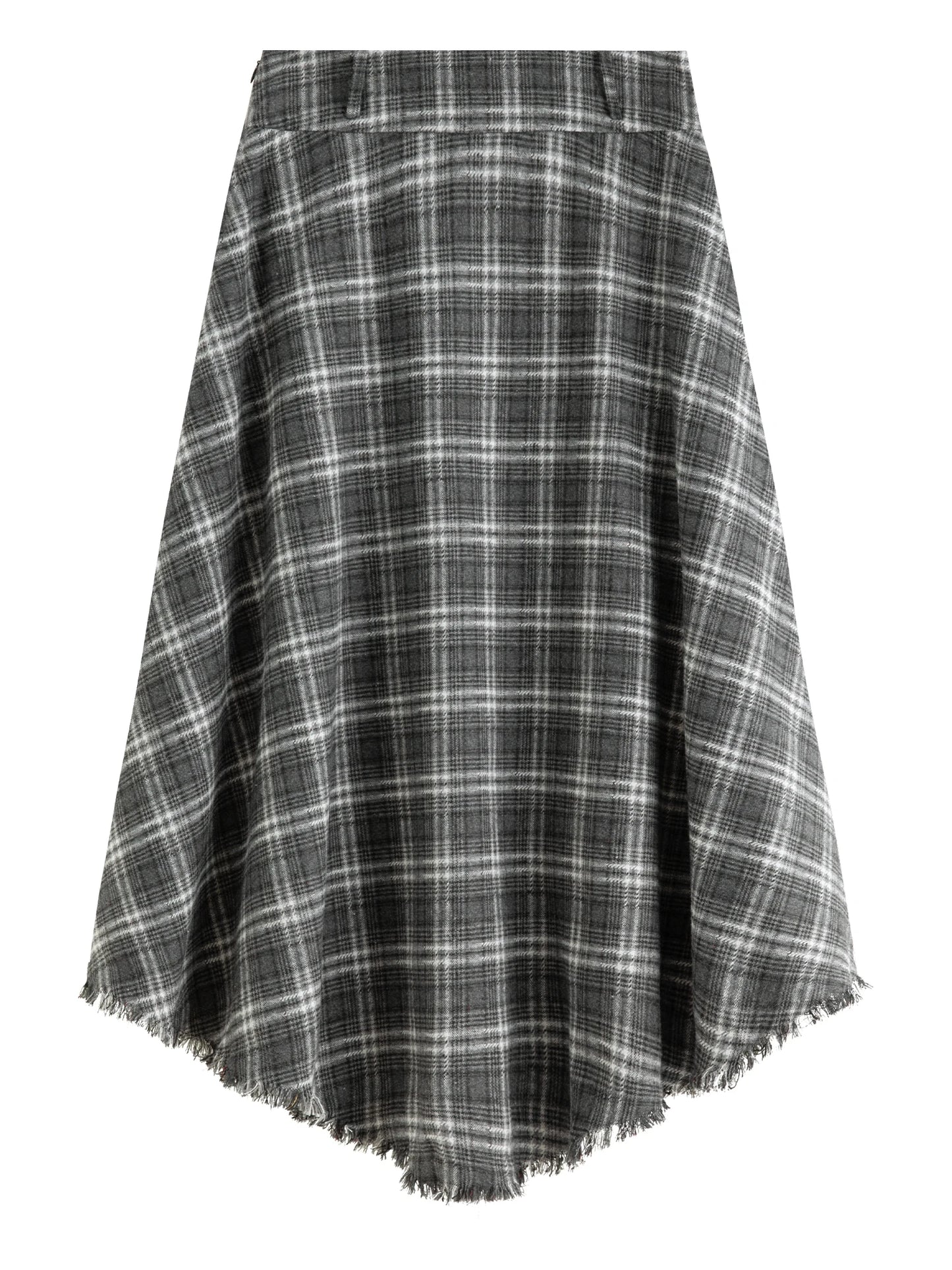 Brown Plaid Fringe Hem Midi Skirt