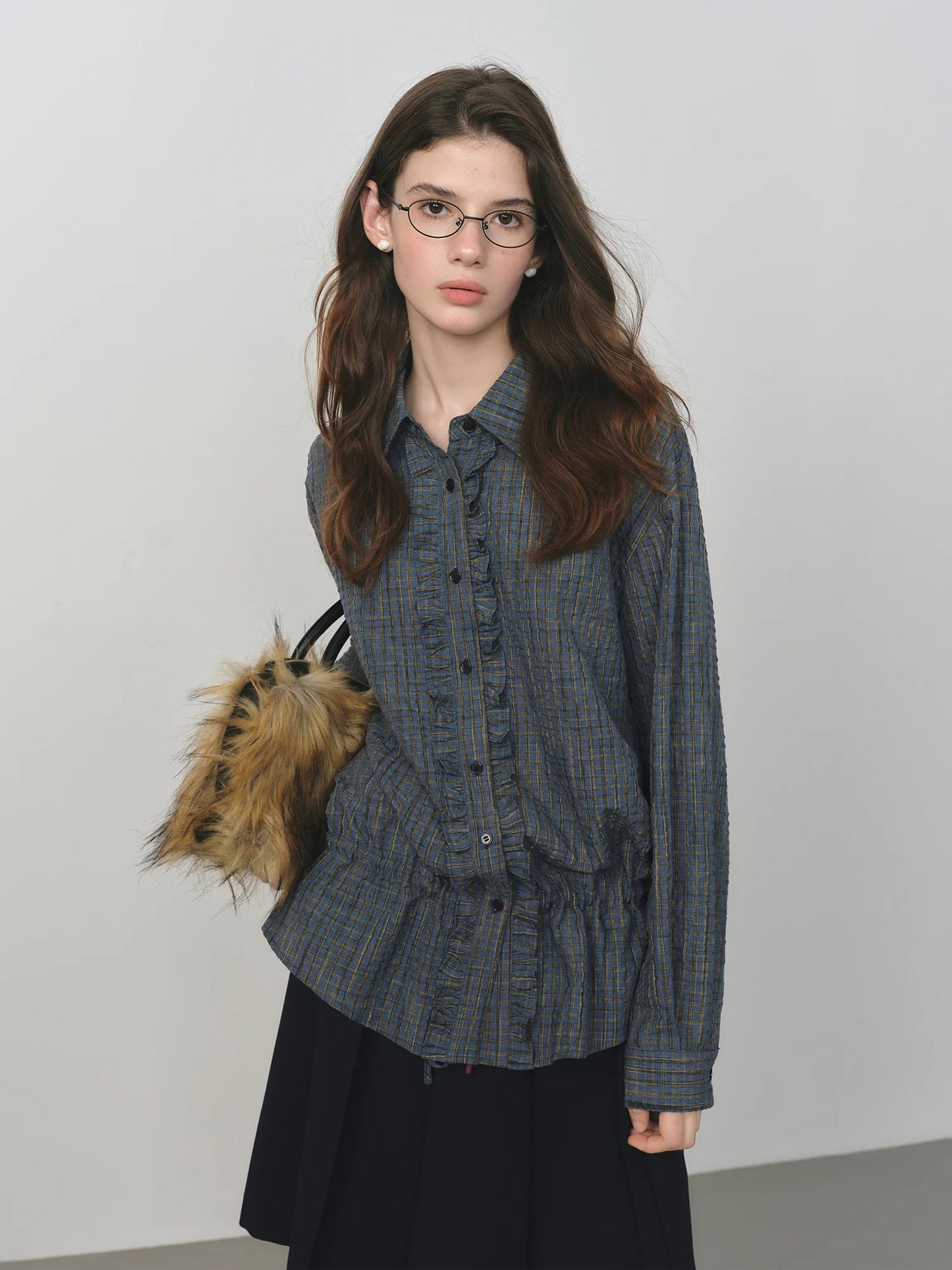 Charcoal Ruffle Front Textured Blouse