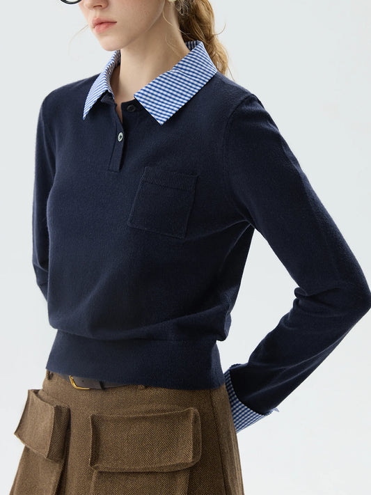 Navy Contrast Collar Polo Knit Top