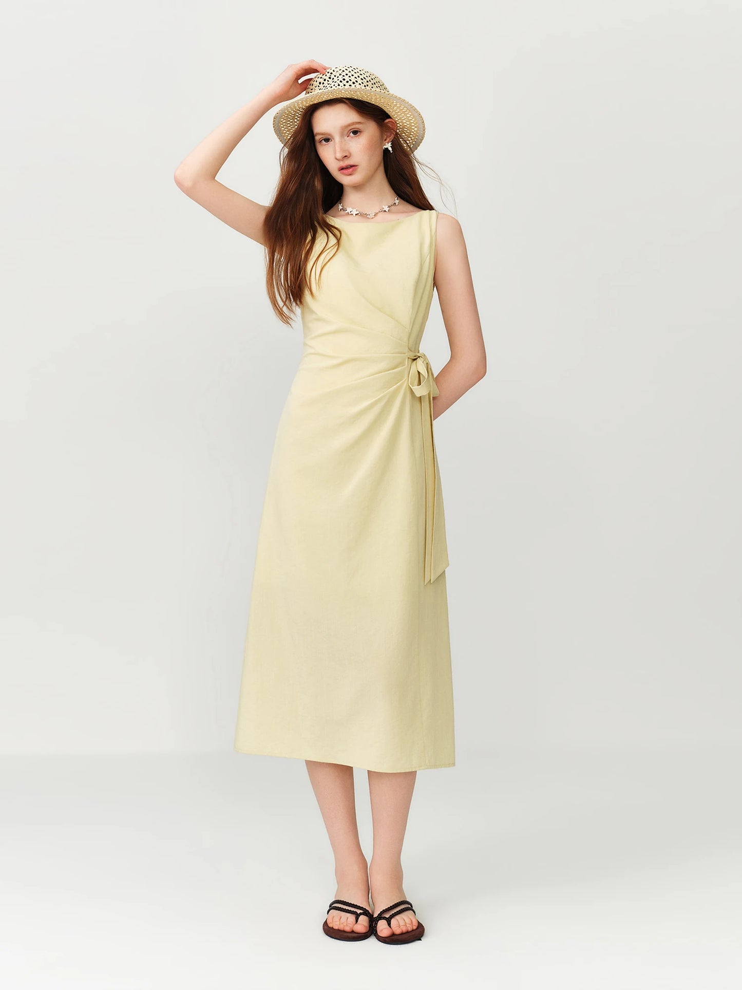 Butter Yellow Ruched Midi Dress
