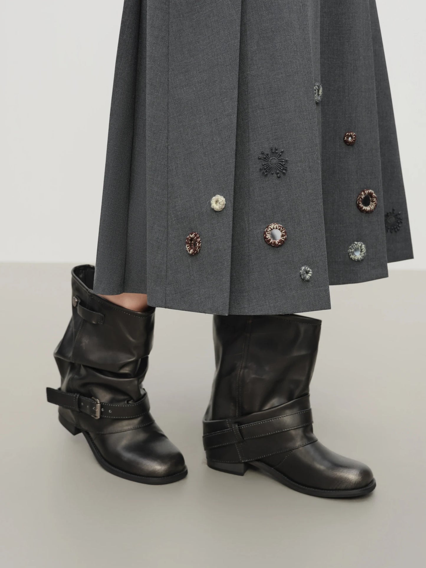 Charcoal Button Pleated Midi Skirt