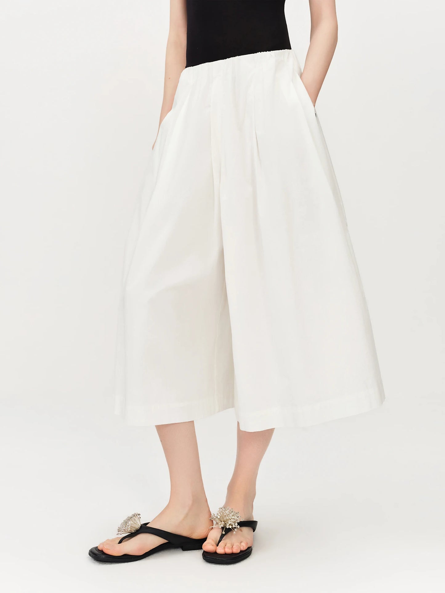 White Cropped Wide Leg Cotton Pants