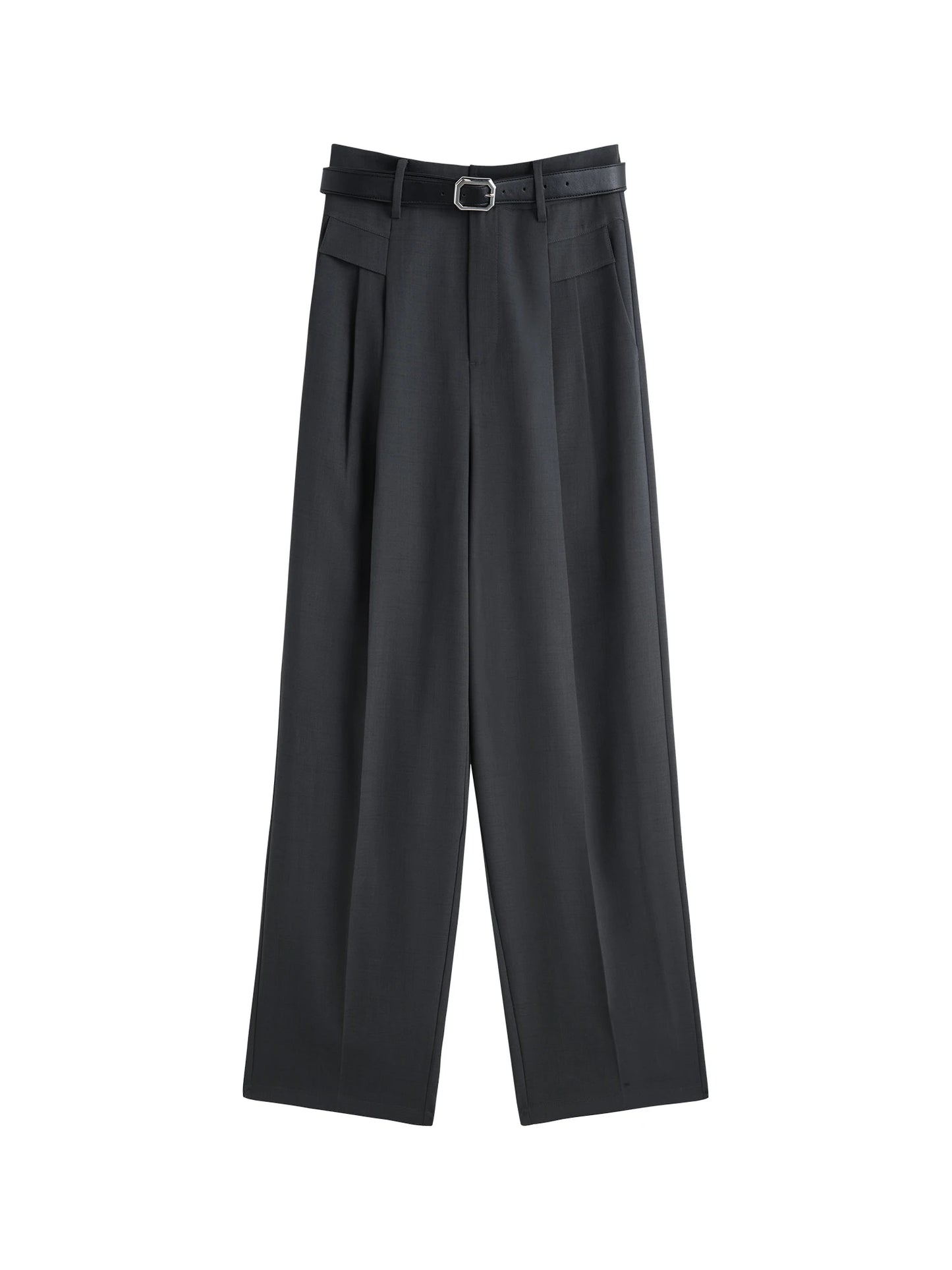 Charcoal Belted Pleated Suit Trousers