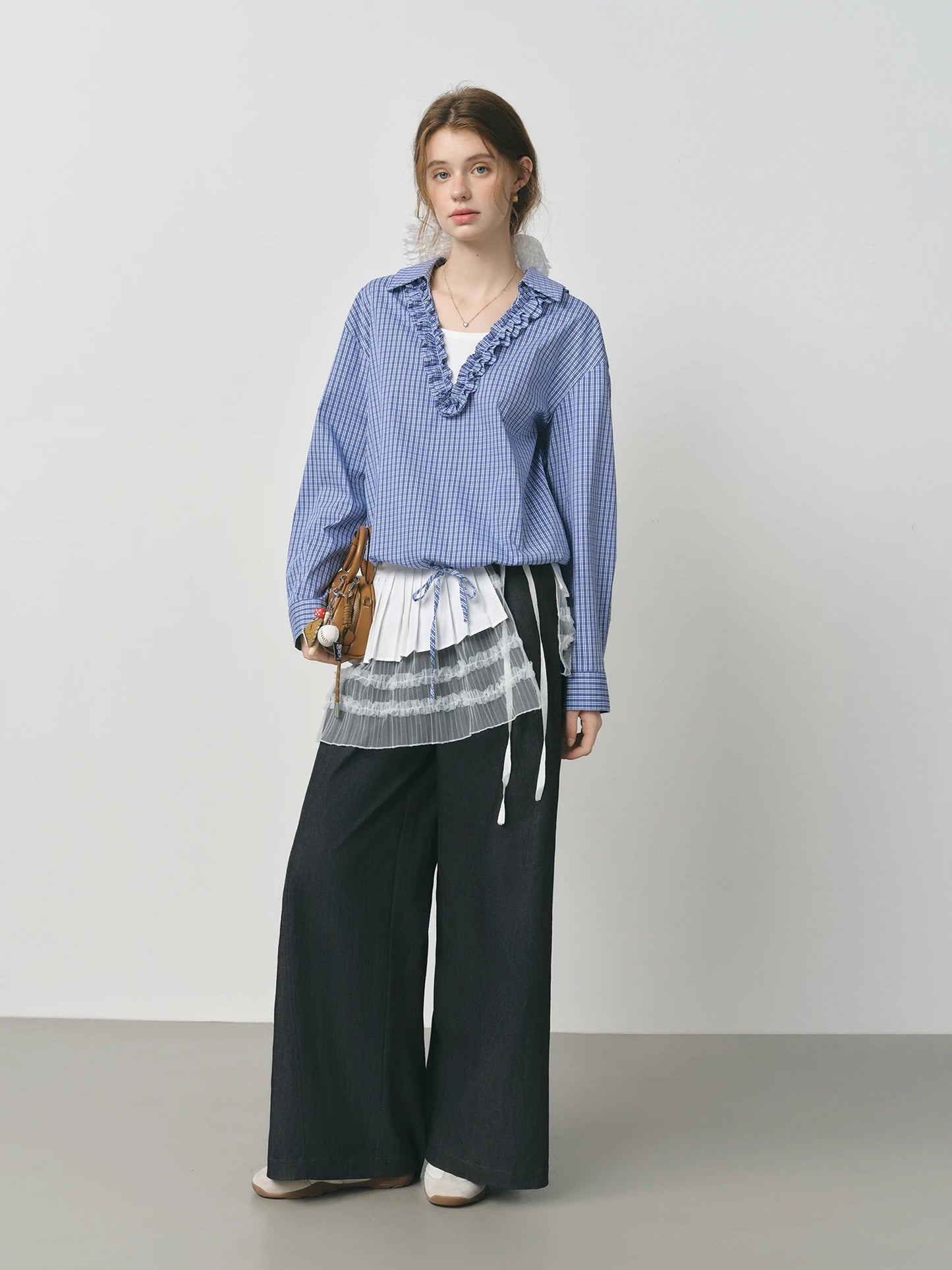 Blue Ruffle Collar Relaxed Pullover Blouse