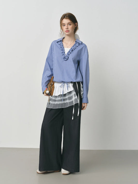 Blue Ruffle Collar Relaxed Pullover Blouse