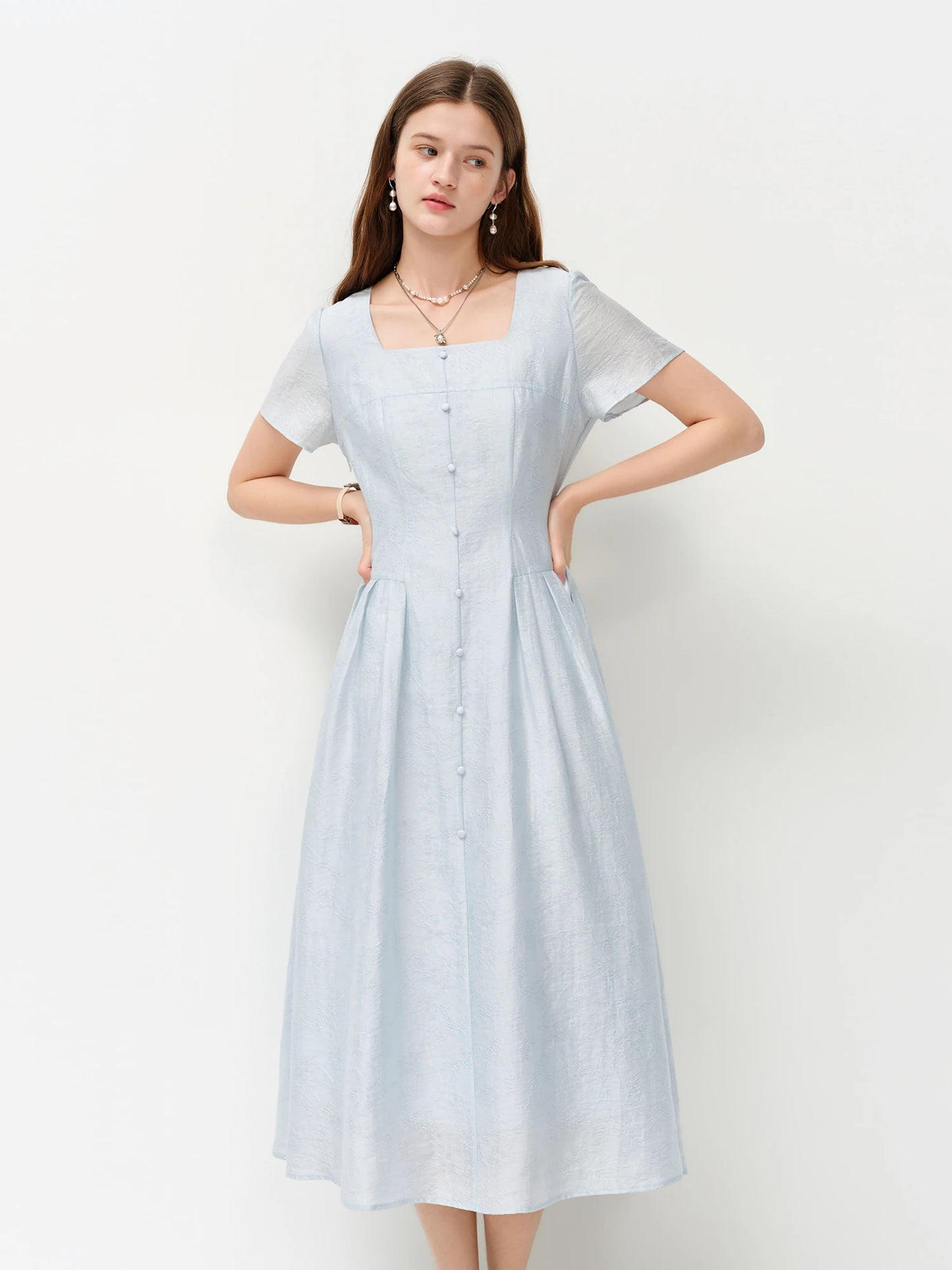 Pale Blue Button Front Midi Dress