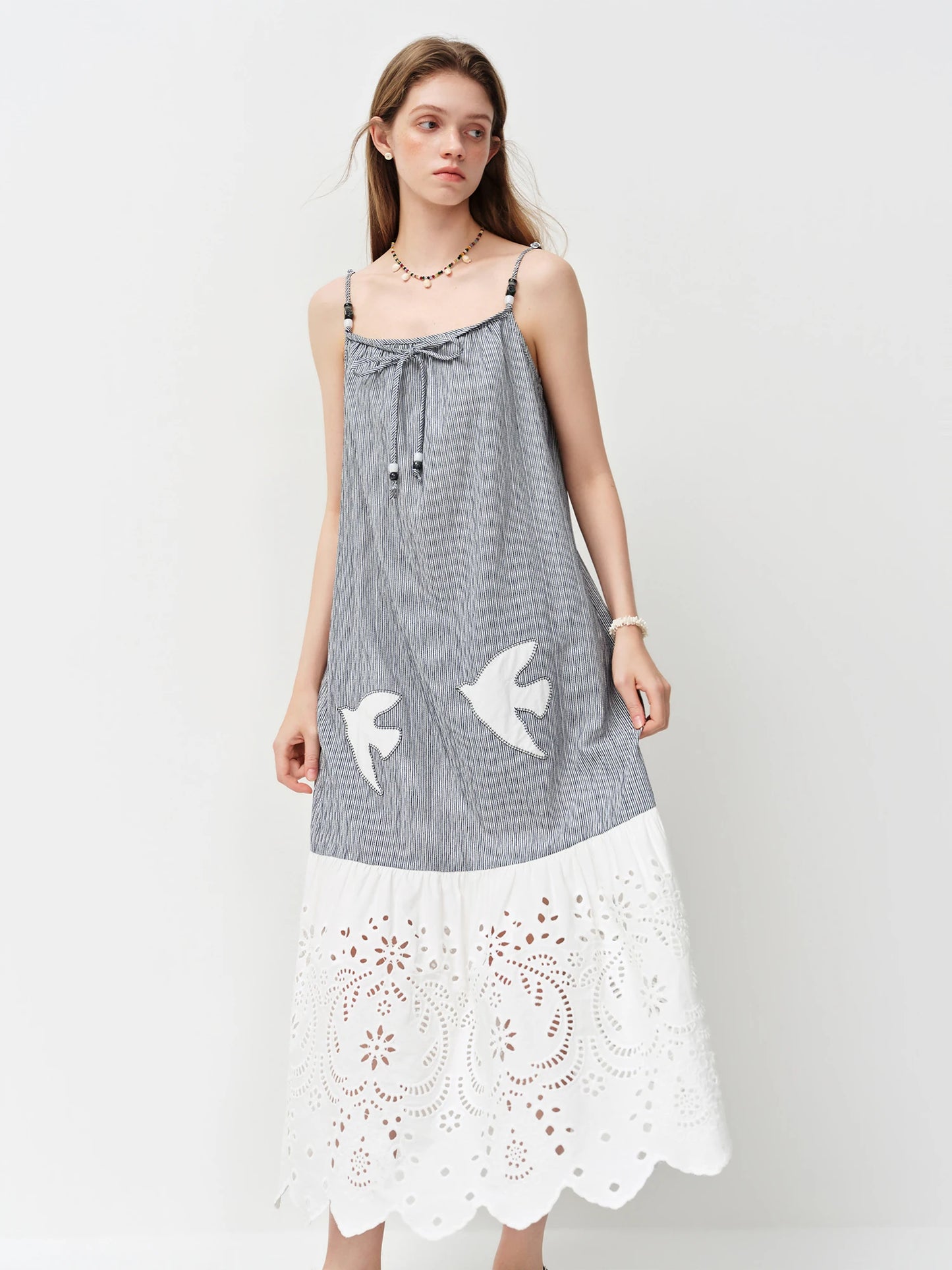 Grey Bird Embroidered Slip Midi Dress