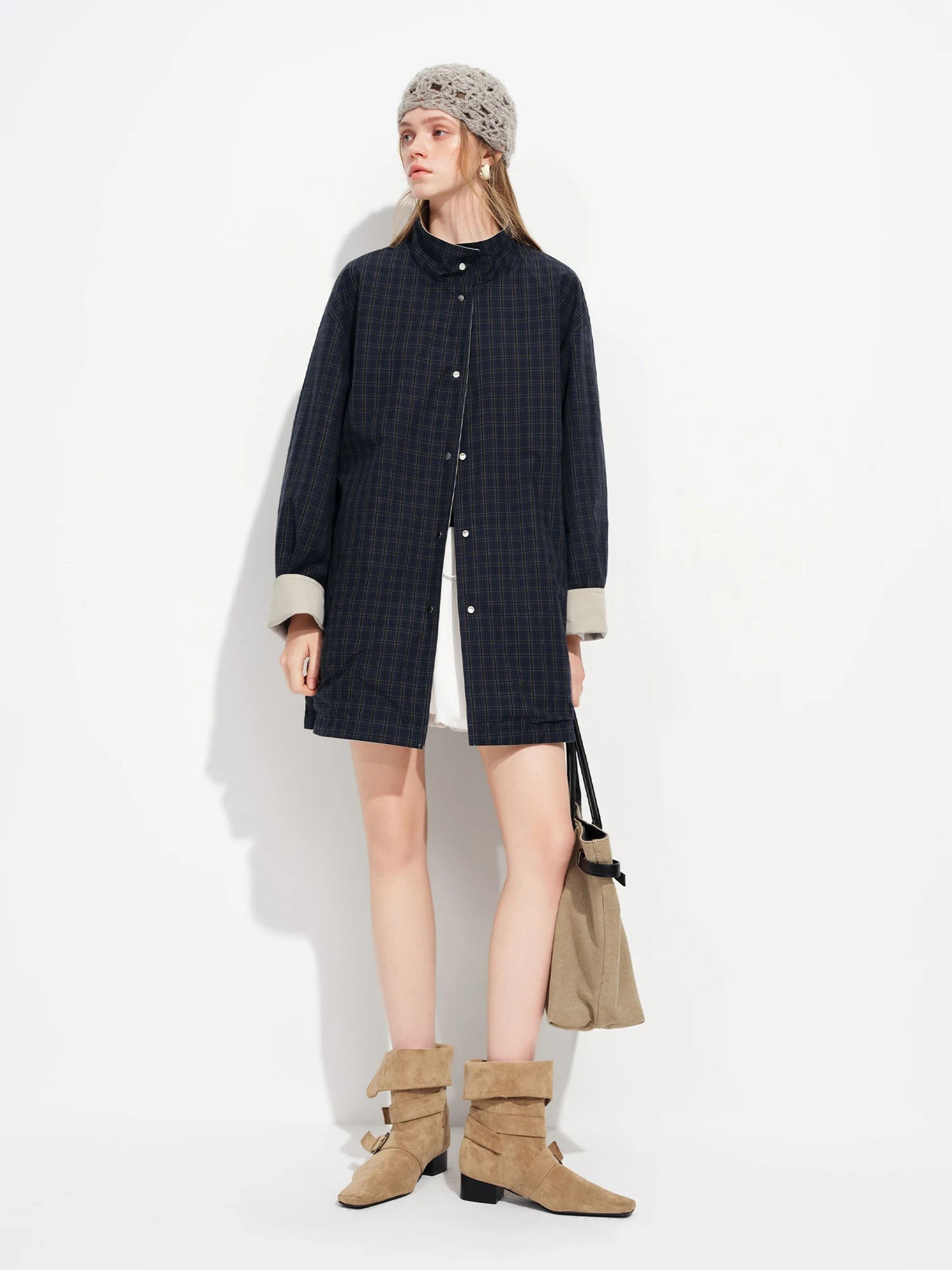 Stone Contrast Cuff Belted Short Trench