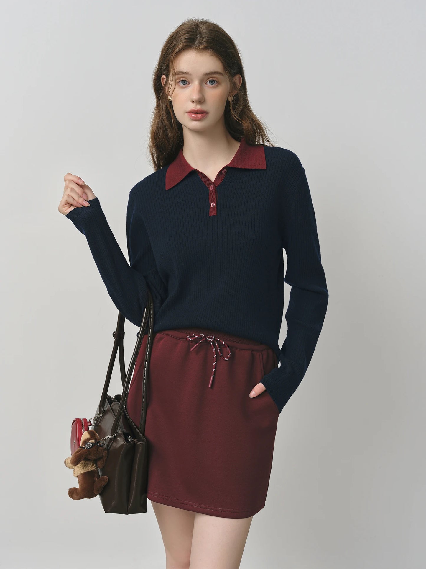 Chocolate Contrast Collar Polo Knit Top