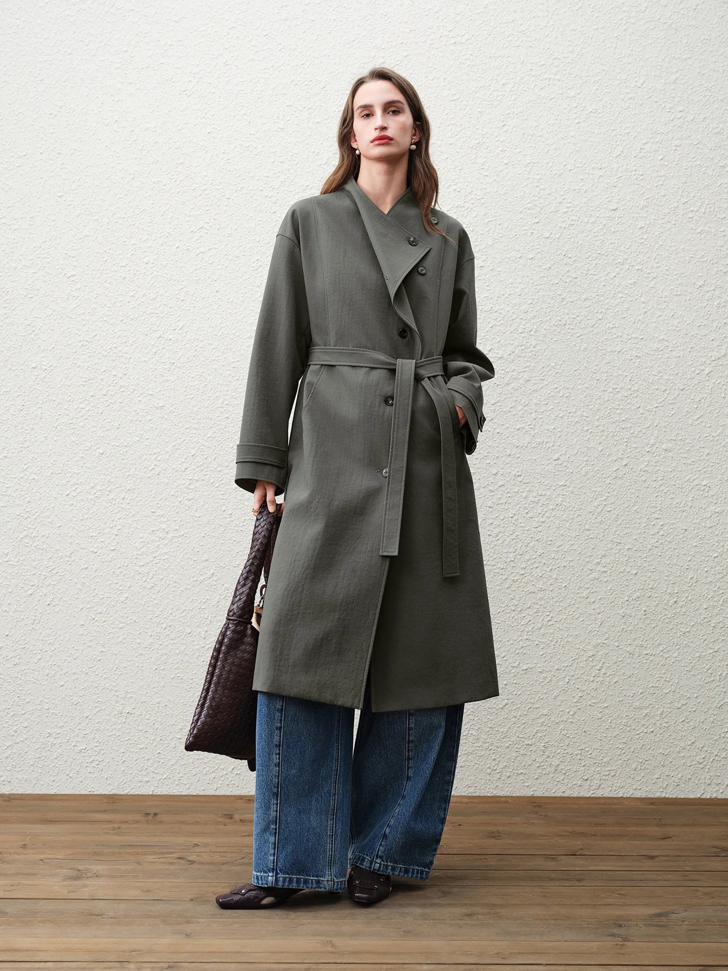 Dark Olive Asymmetric Belted Long Trench